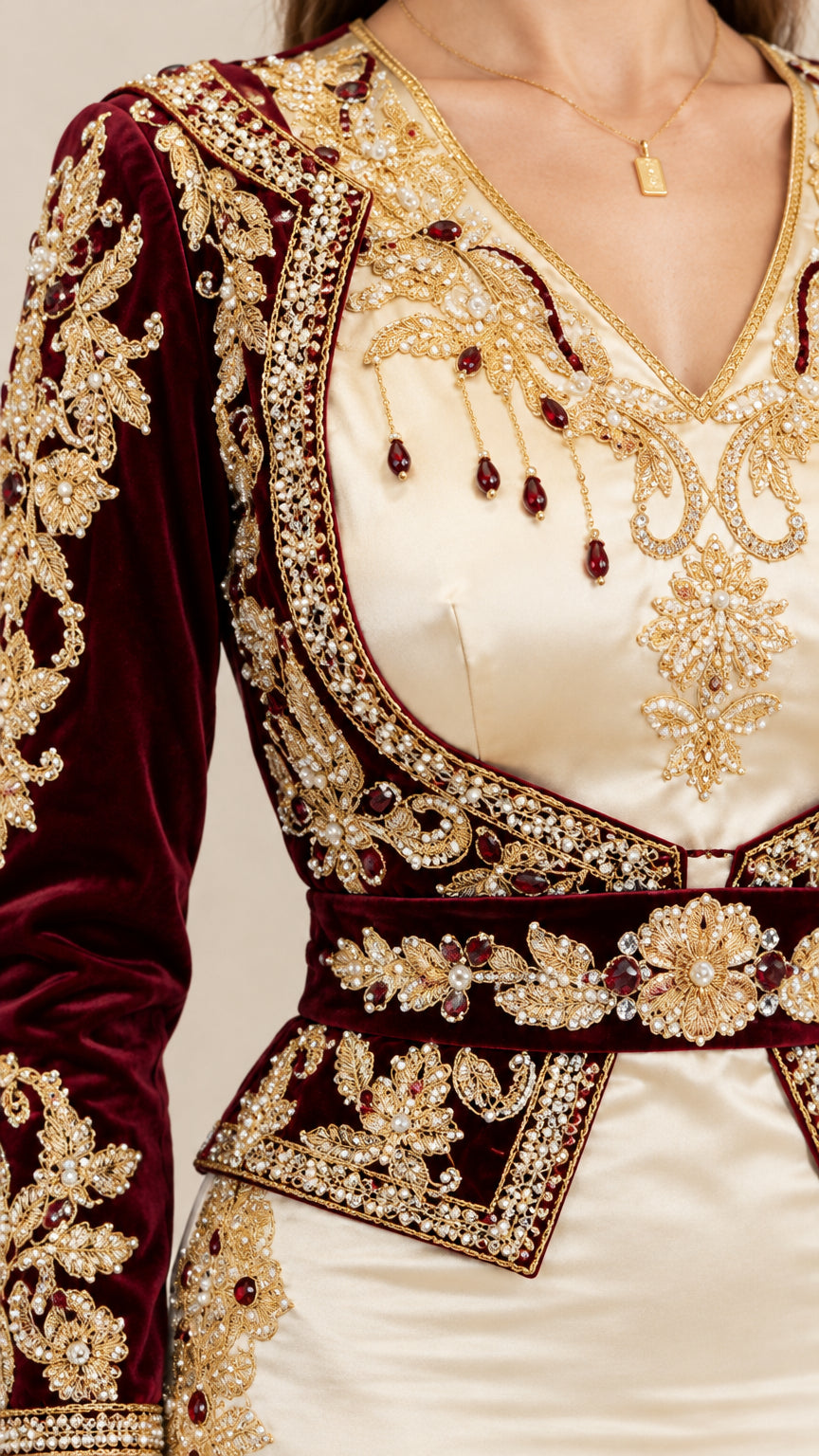 Close-up detail of ornate gold embroidery, beaded neckline, and velvet bodice