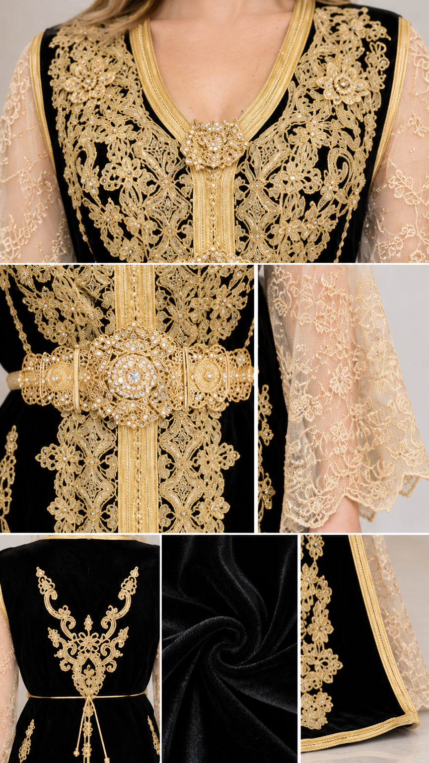 Close-up detail of gold embroidery, jeweled belt buckle, and velvet texture