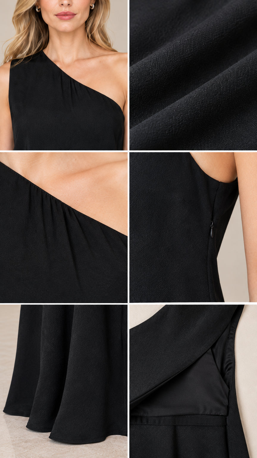 Close-up details of gathered shoulder, crepe fabric texture, and concealed zipper