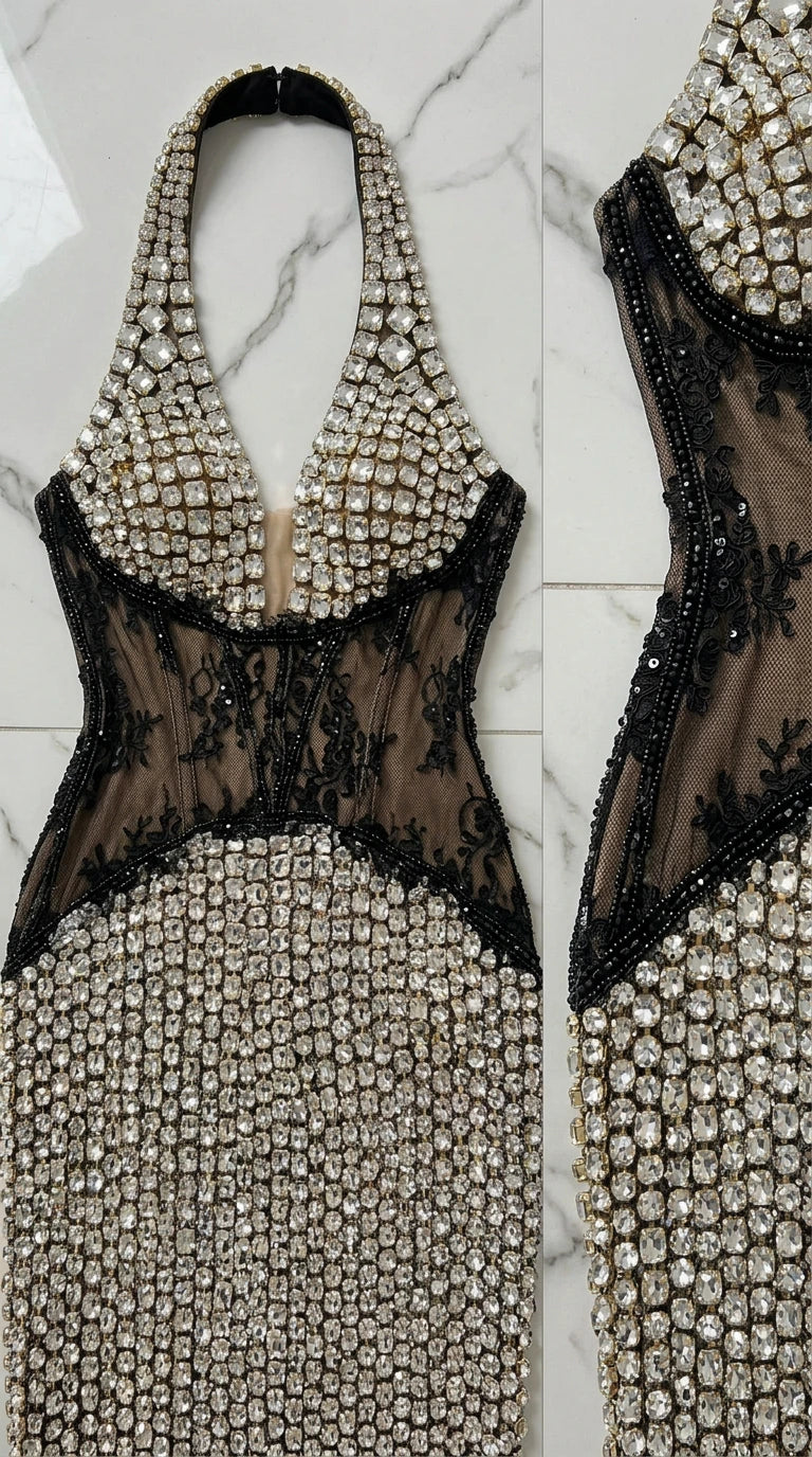 Close up view of halter neckline and rhinestone beading with black sheer corset detailing