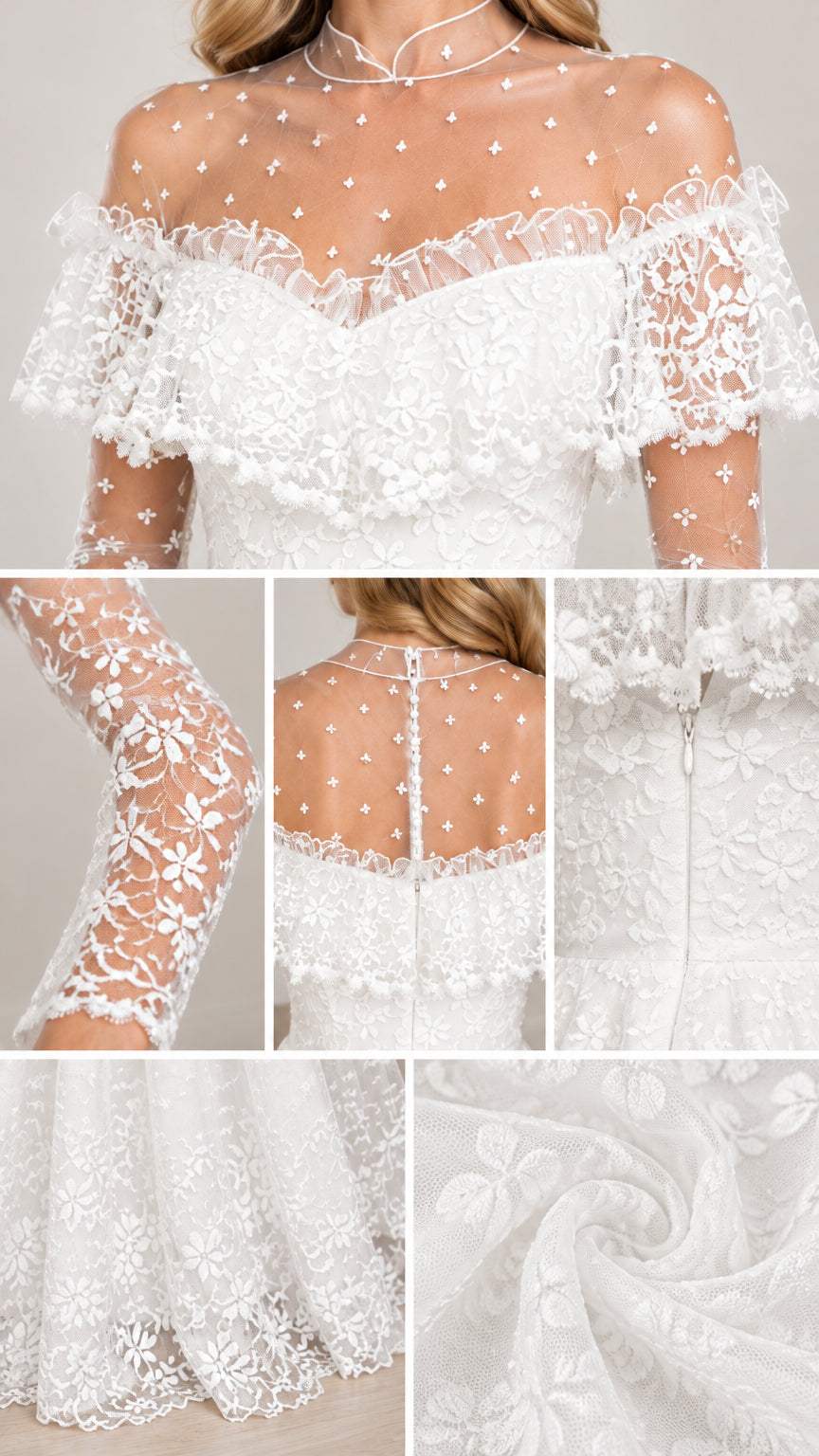 Close-up details of white lace bodice, illusion dots, sleeve, and fabric