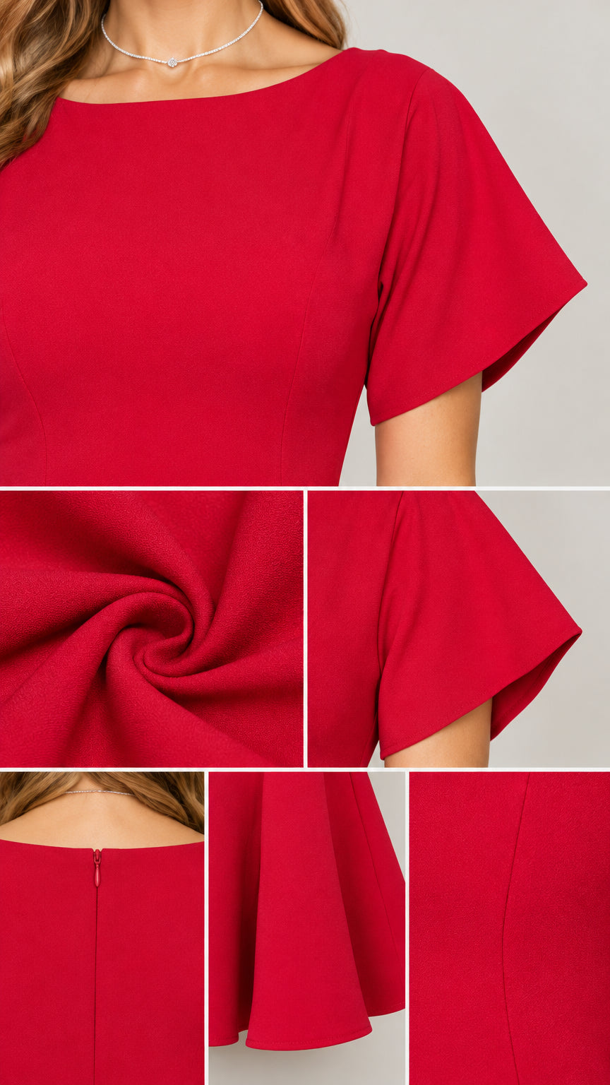 Close-up details of neckline, sleeve, fabric texture, and zipper on red dress