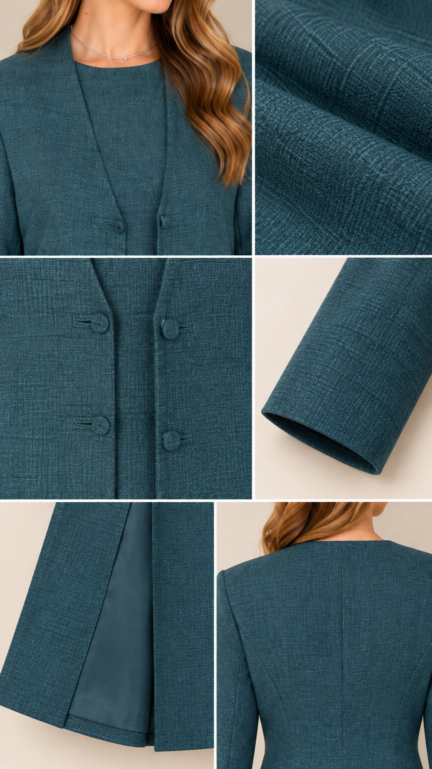 Detailed close-up collage of teal textured fabric, covered buttons, and smooth lining