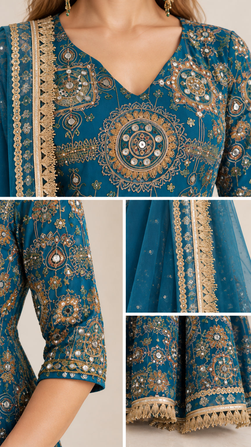 Close-up detail shots of embroidered V-neckline, sleeve cuffs, tassel hem, and dupatta border