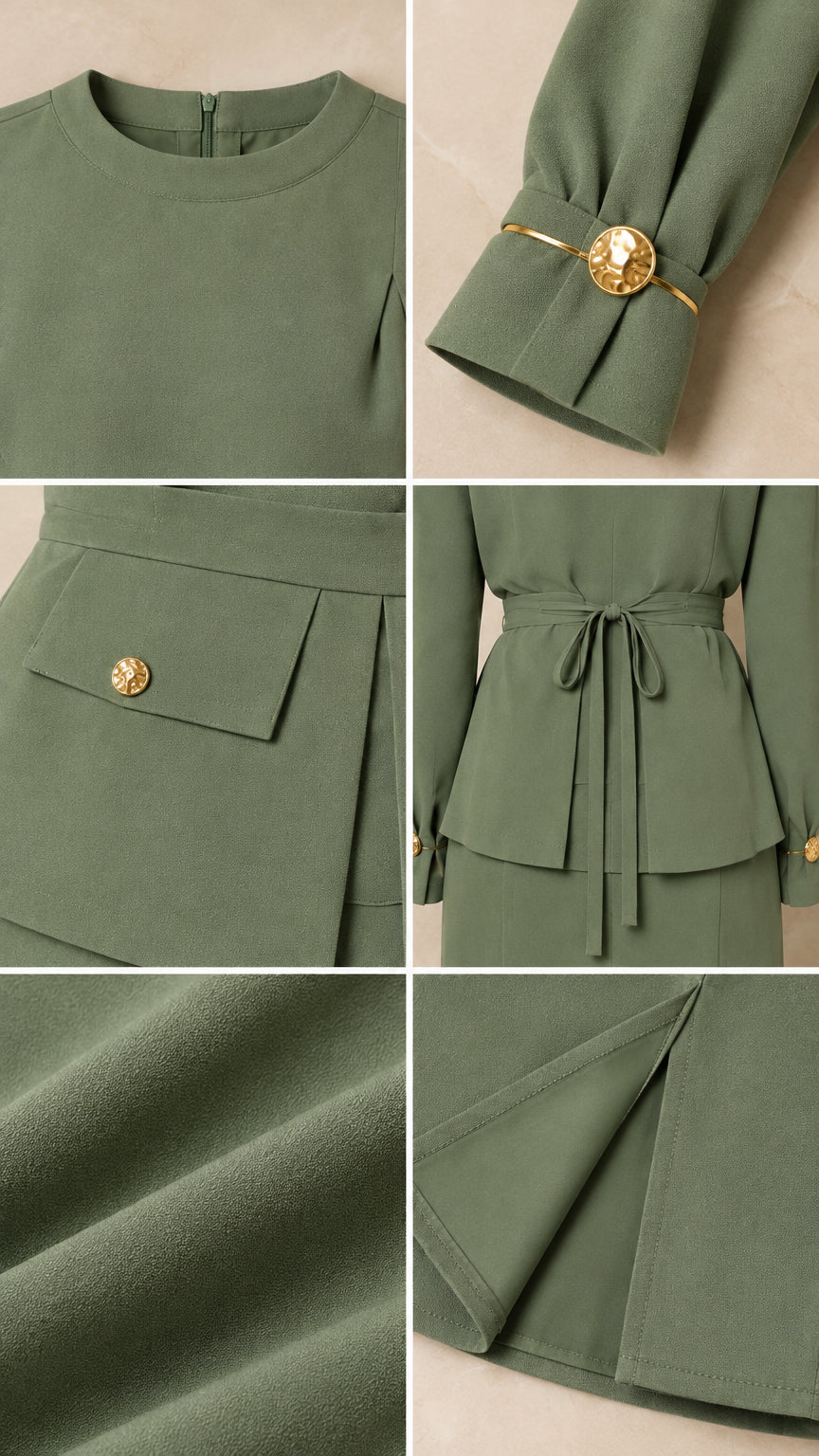 Close-up details of neckline, gold sleeve button, flap pocket, fabric texture, and hemline