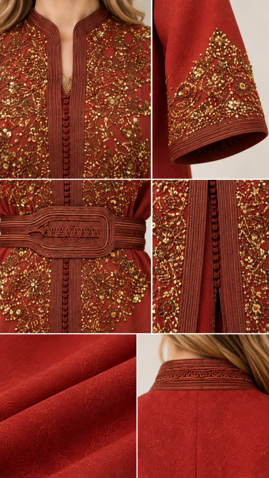 Close-up details of metallic gold embroidery, beading, fabric texture, and belt buckle