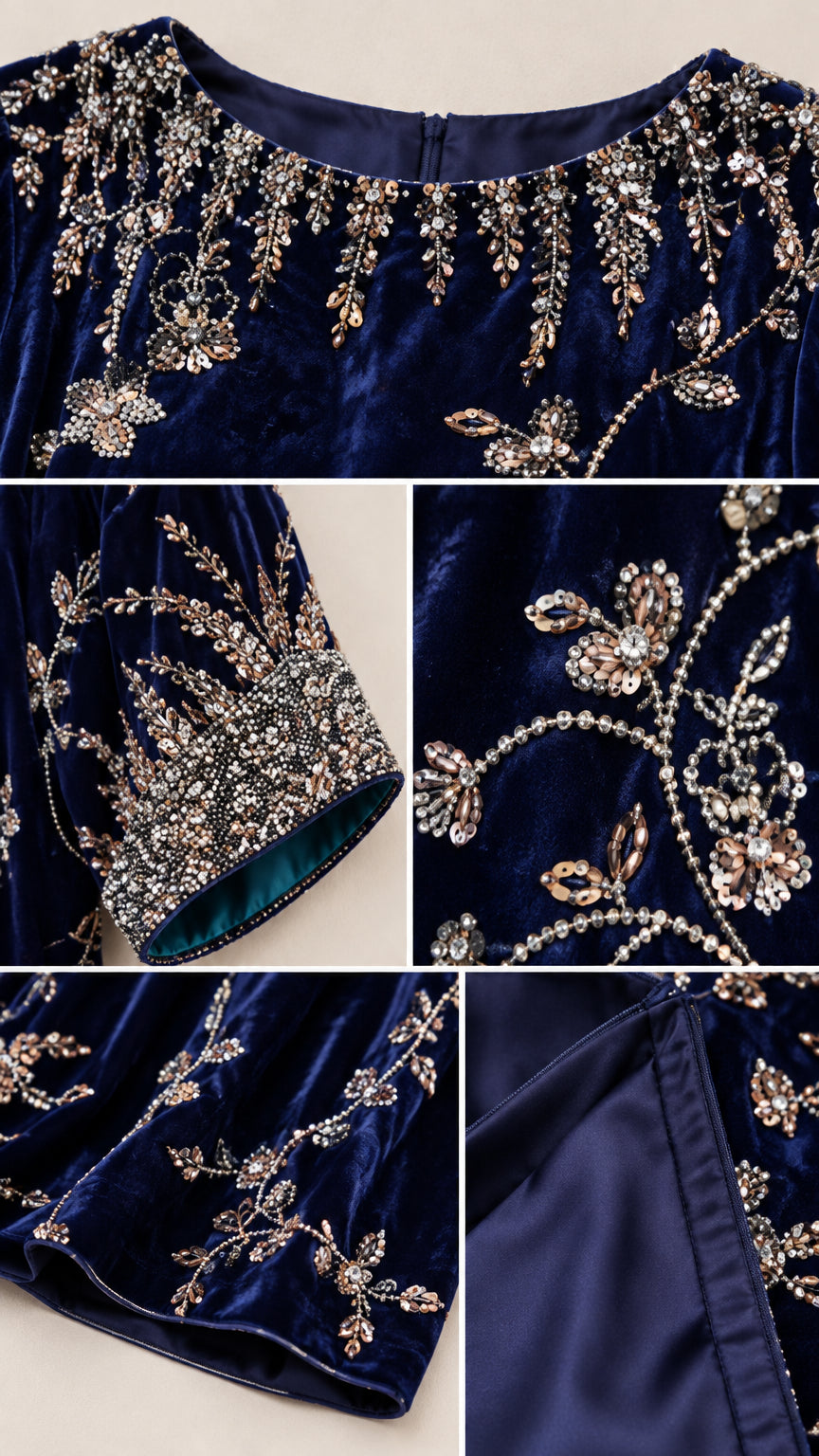 Close-up details of intricate neckline and sleeve beadwork on velvet fabric