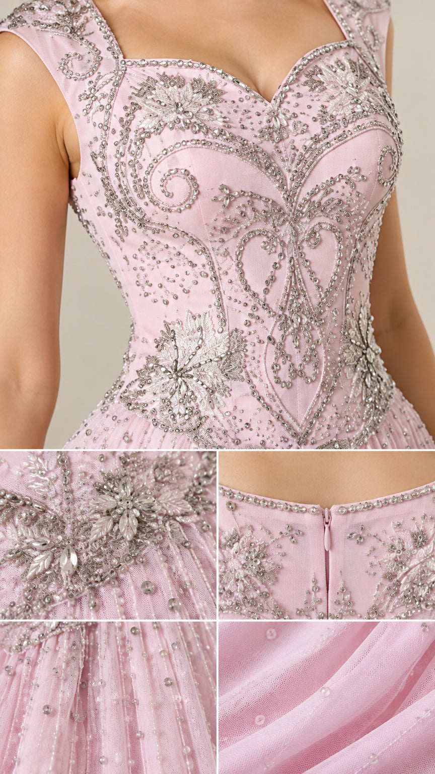Close-up details of silver crystal embroidery and beadwork on blush pink bodice