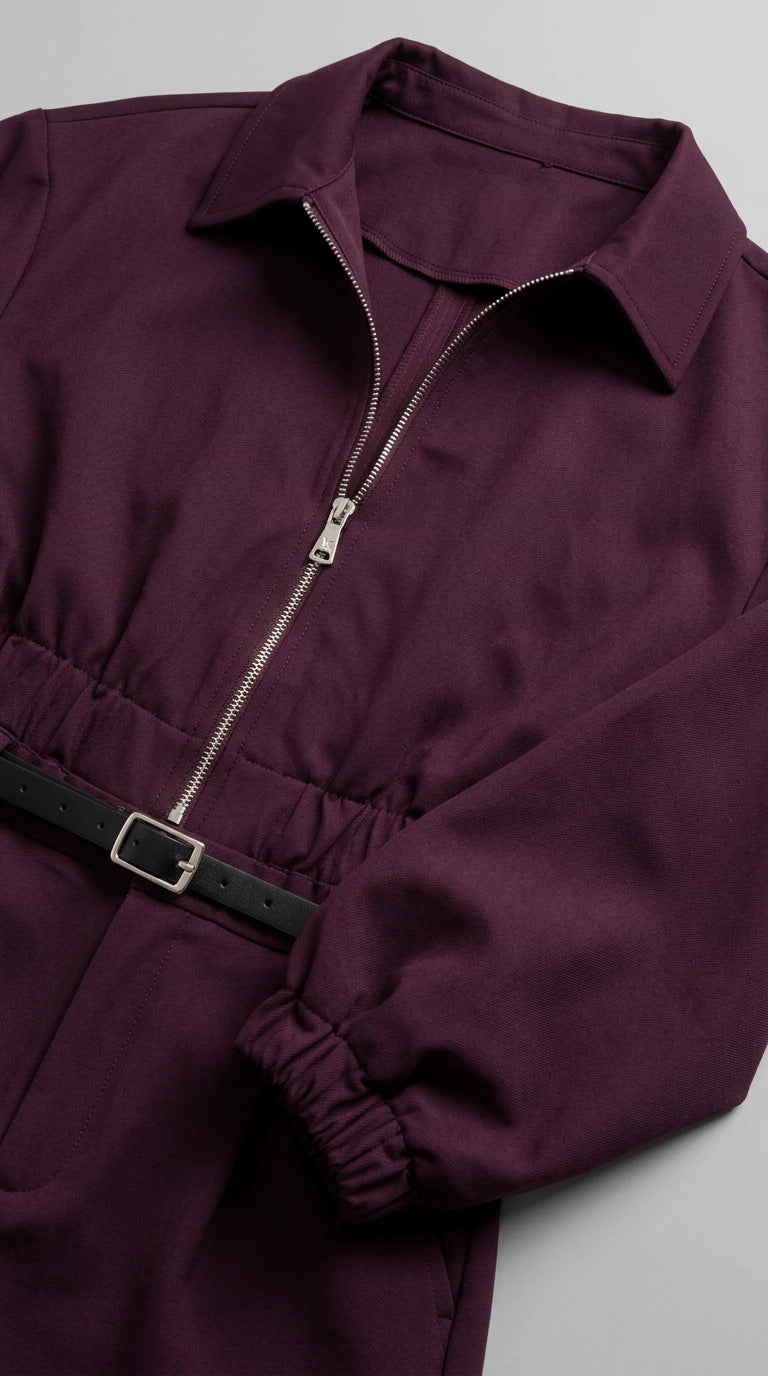 Close-up detail of zipper, collar, belt, and cuff on burgundy jumpsuit
