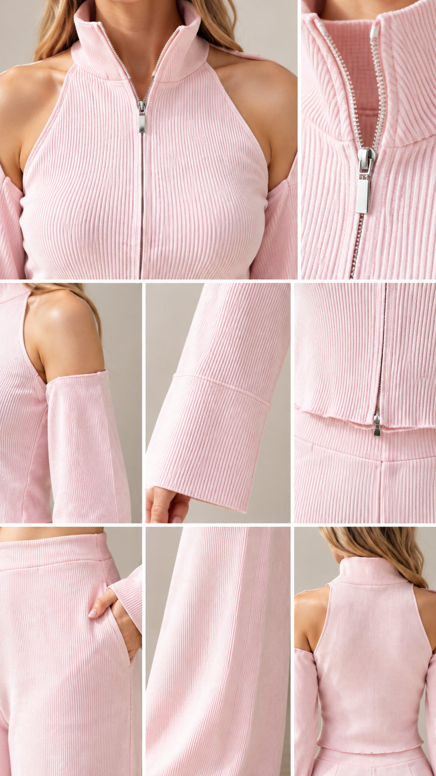 Close-up details of Light Pink ribbed knit zipper, cold-shoulder cut-out, and pant pockets