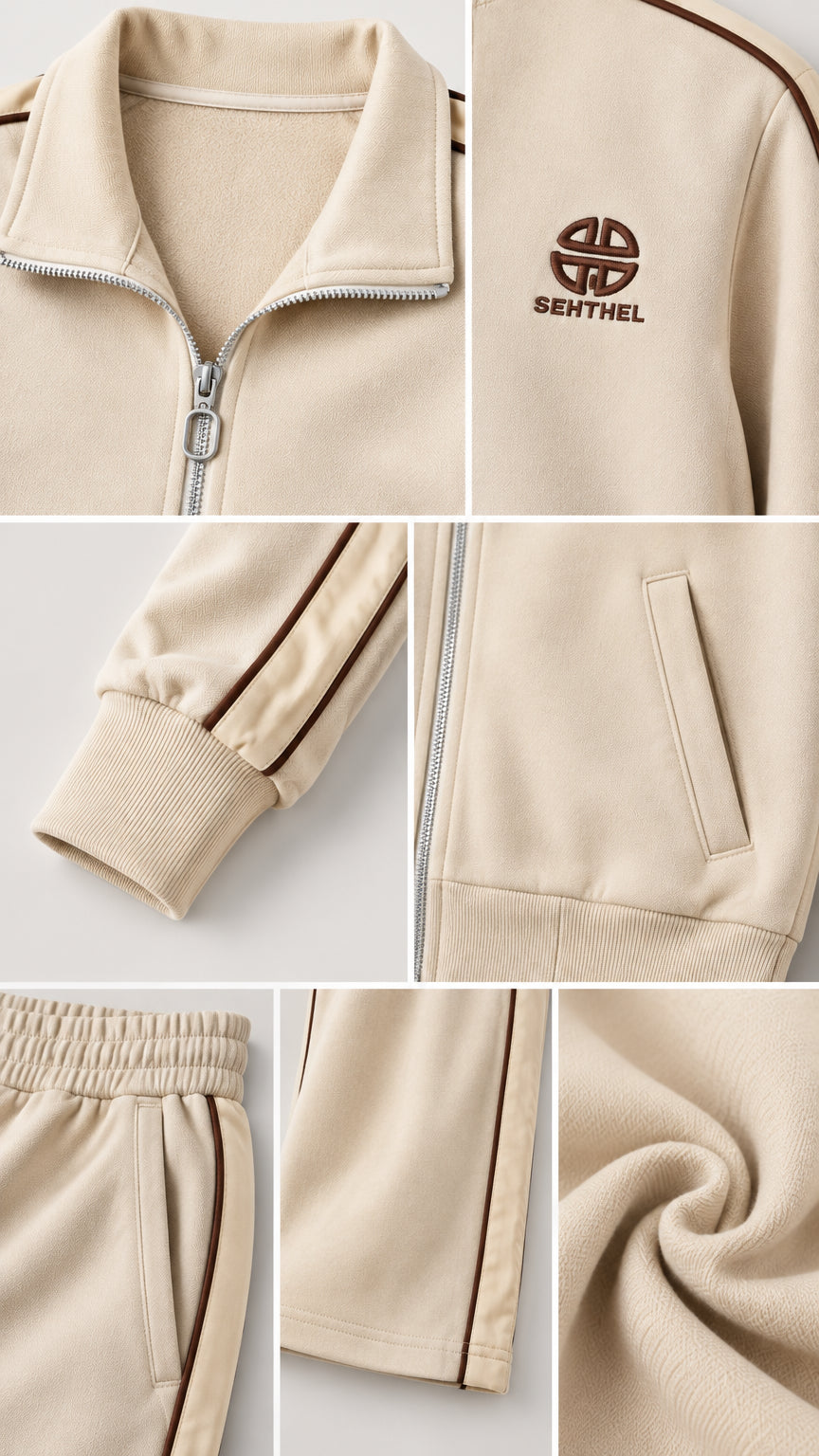 Close-up details of beige tracksuit collar, zip, chest embroidery, ribbed cuffs, and pockets