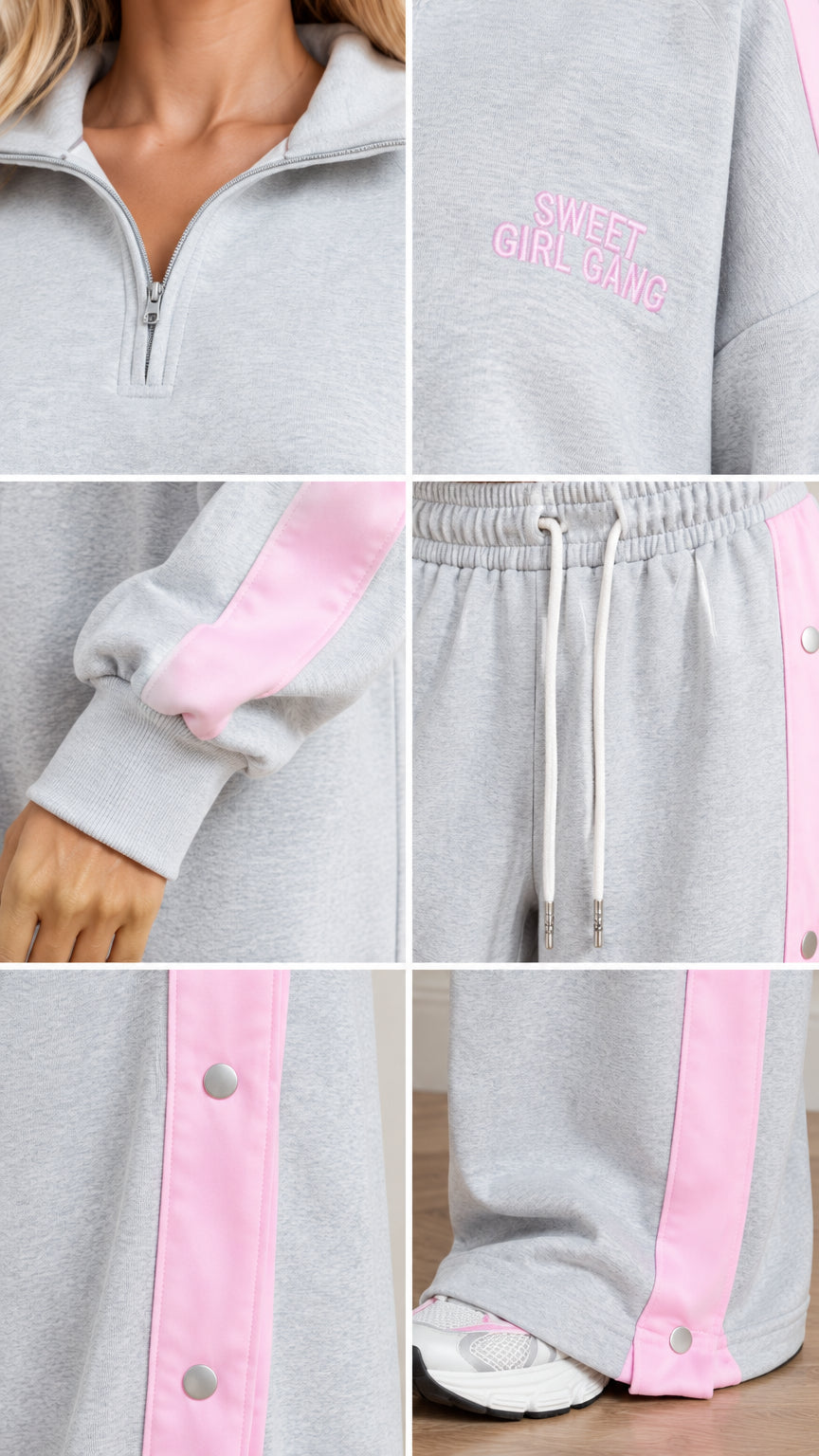 Close-up details of half zip neckline, embroidery, drawstring waist, and snap button hem