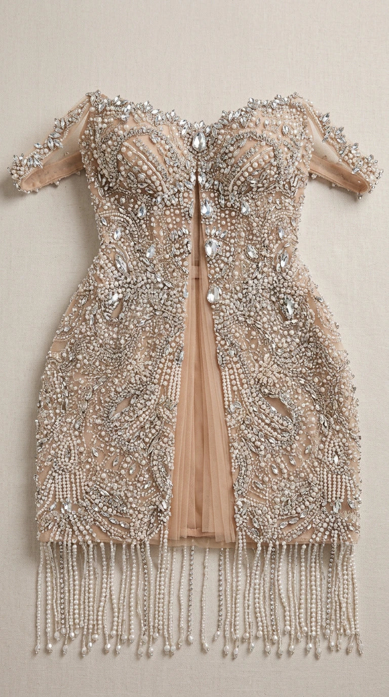 Detailed flat lay of inner construction and intricate beadwork of the gown