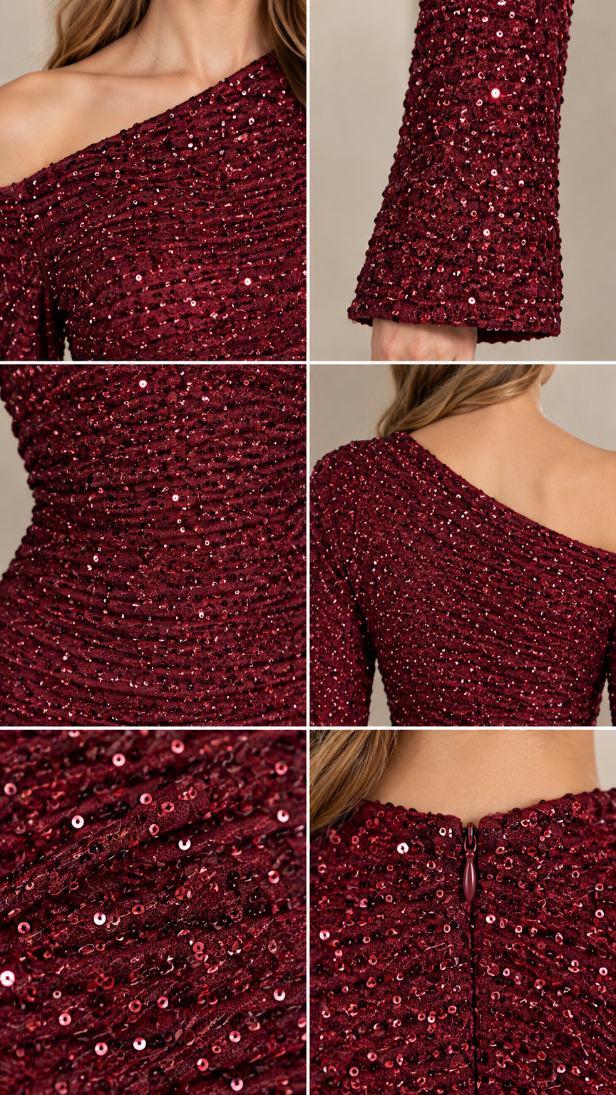 Close-up details of burgundy sequins, flared sleeve cuff, and back zipper