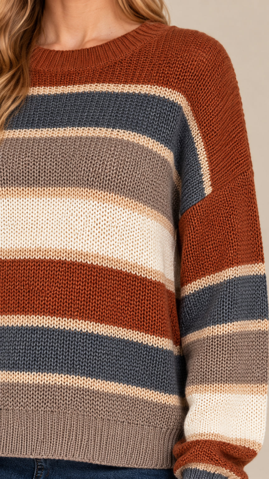 Close-up detail of Rust Brown textured knit fabric and striped pattern