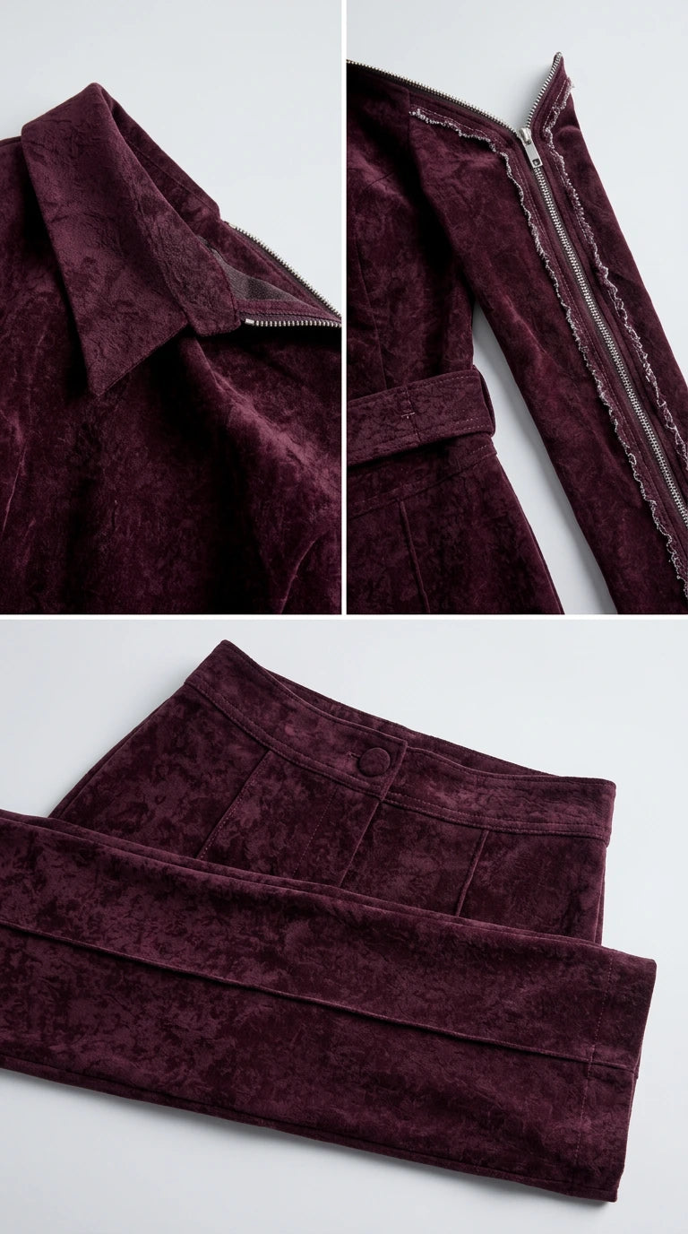 Close-up details of collar, zipper sleeve accents, and textured fabric construction