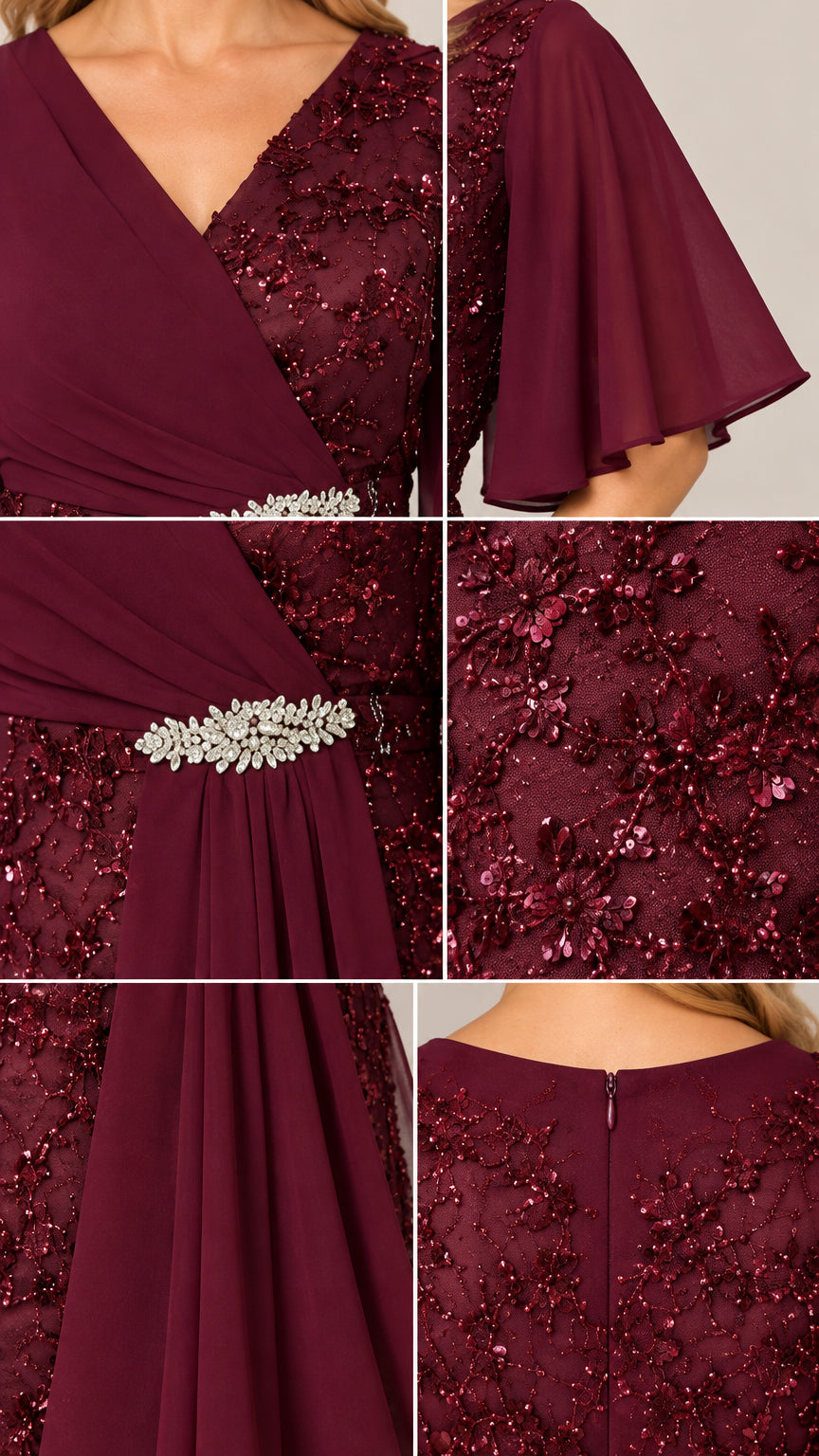 Close-up details of neckline, flutter sleeve, crystal waist accent, and back zipper on burgundy gown