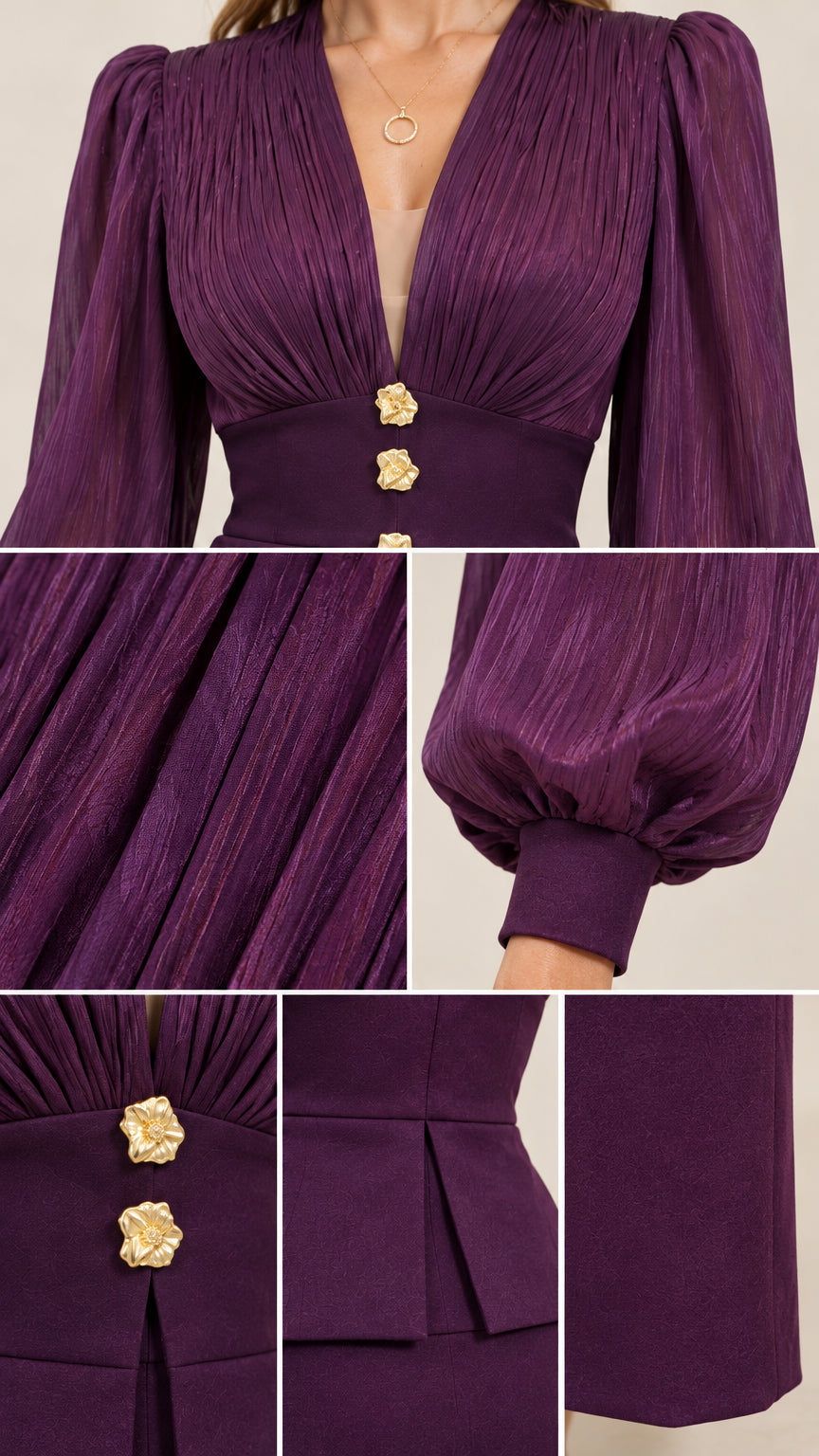 Detailed close-up of pleated bodice, gold flower buttons, and sheer cuffs