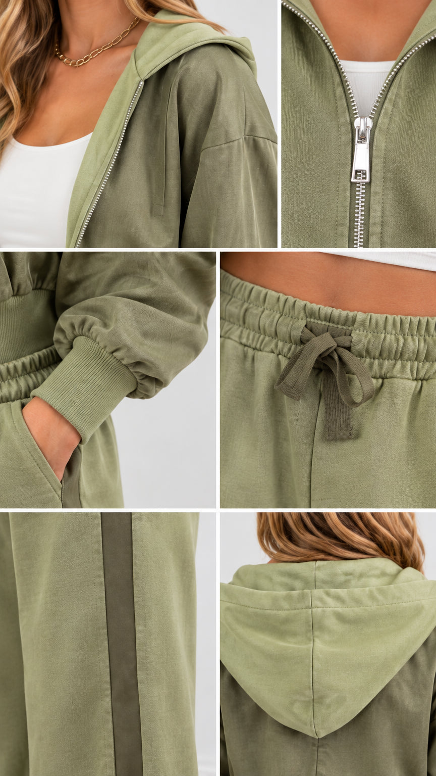 Close-up details of olive green tracksuit including zipper, cuff, drawstring waist, and side stripe
