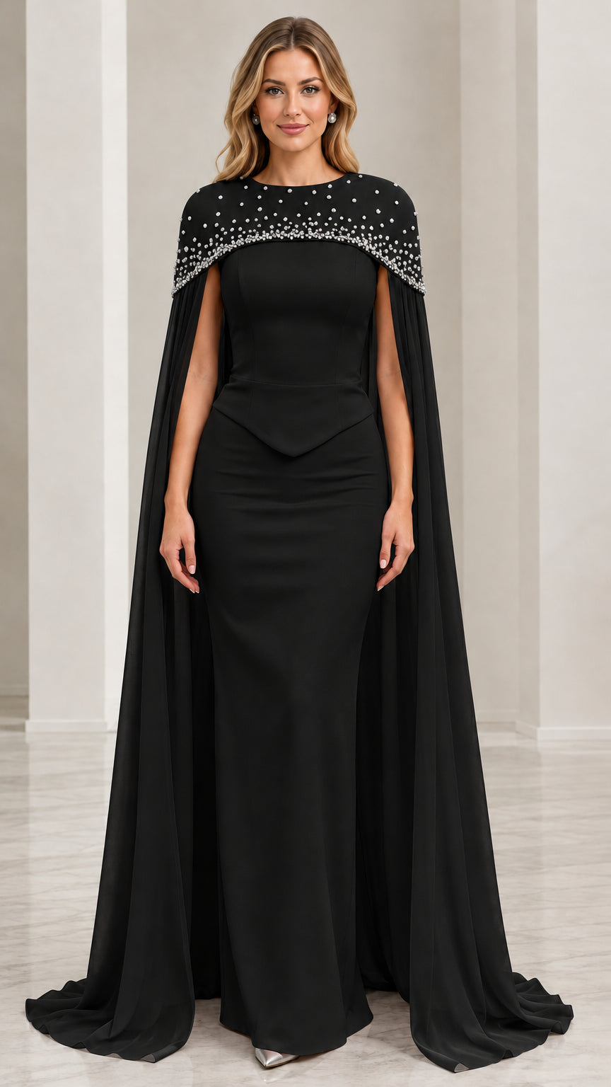 Model wearing black capelet evening gown with crystal embellishments