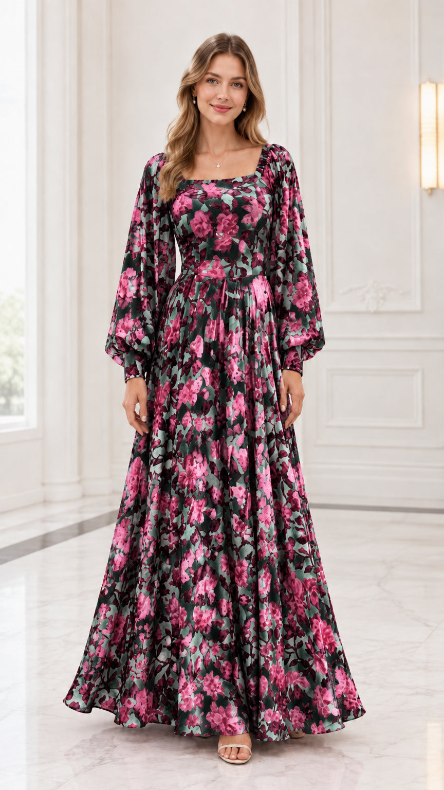 Black floral long sleeve square neck maxi dress