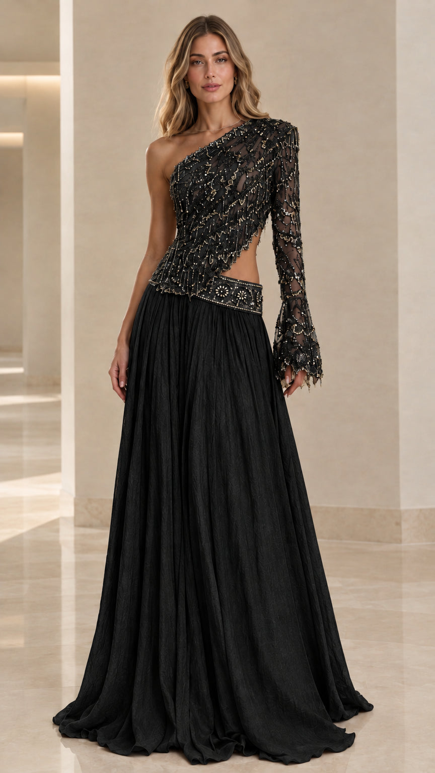 Black one-shoulder embellished cutout formal evening gown