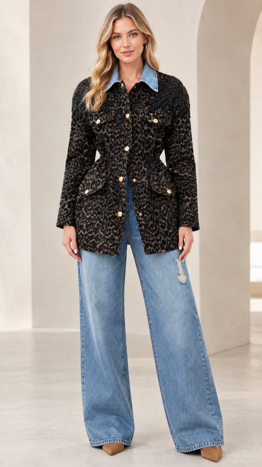 Model wearing black leopard print utility jacket with contrast denim collar