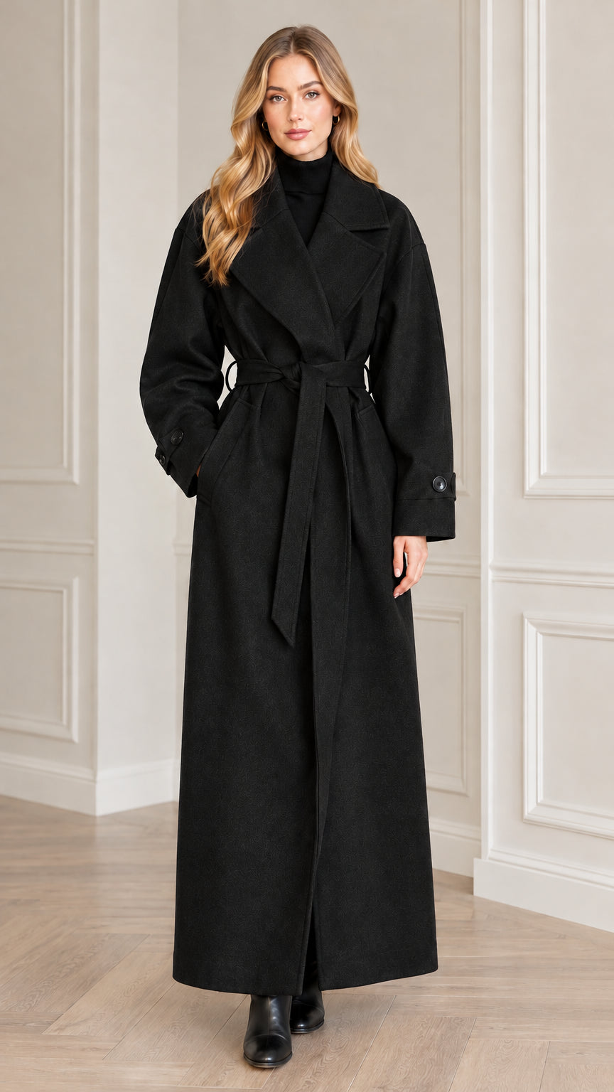 Model wearing black maxi belted trench overcoat with high neck top
