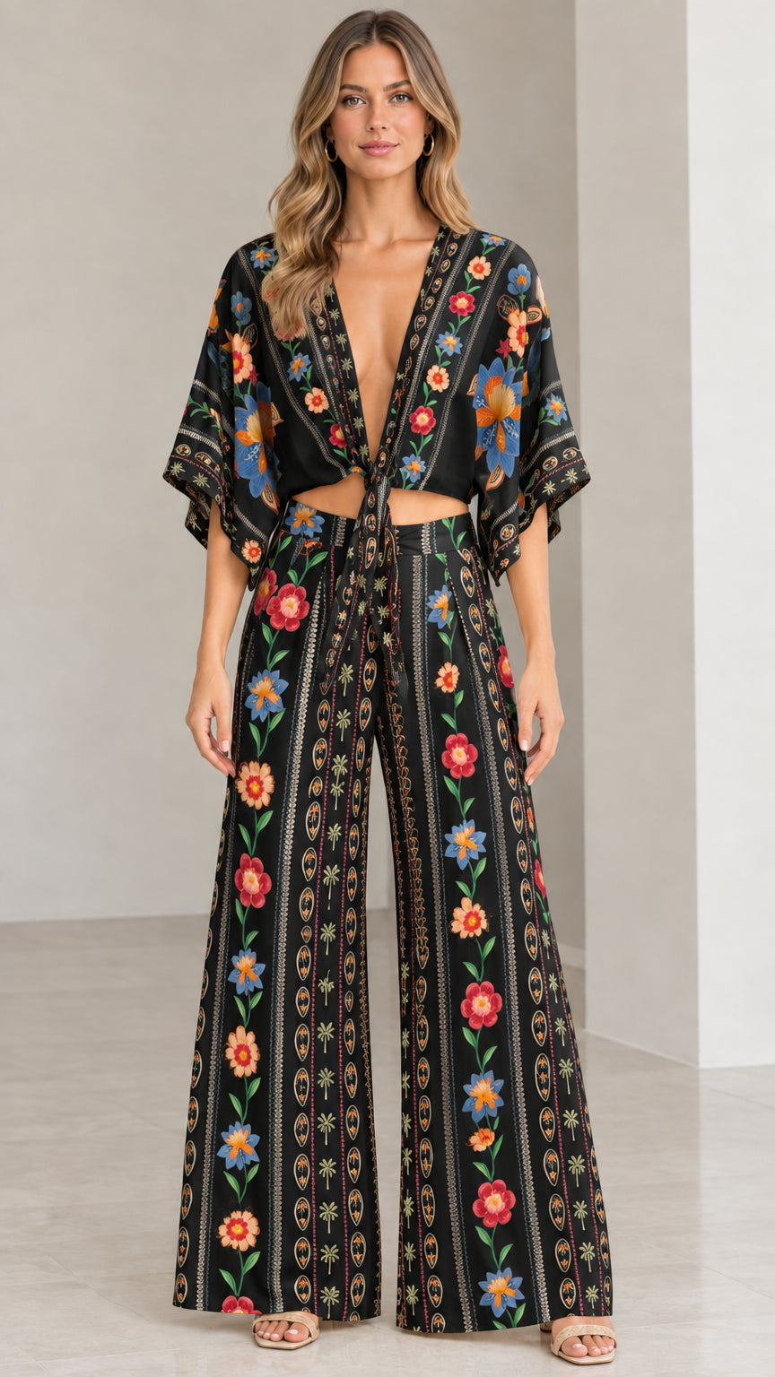 Model wearing black floral print tie-front top and wide-leg trousers set