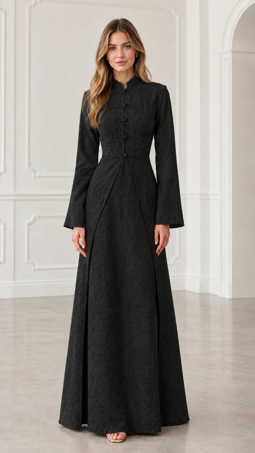 Front view of model wearing black mandarin collar long sleeve maxi dress