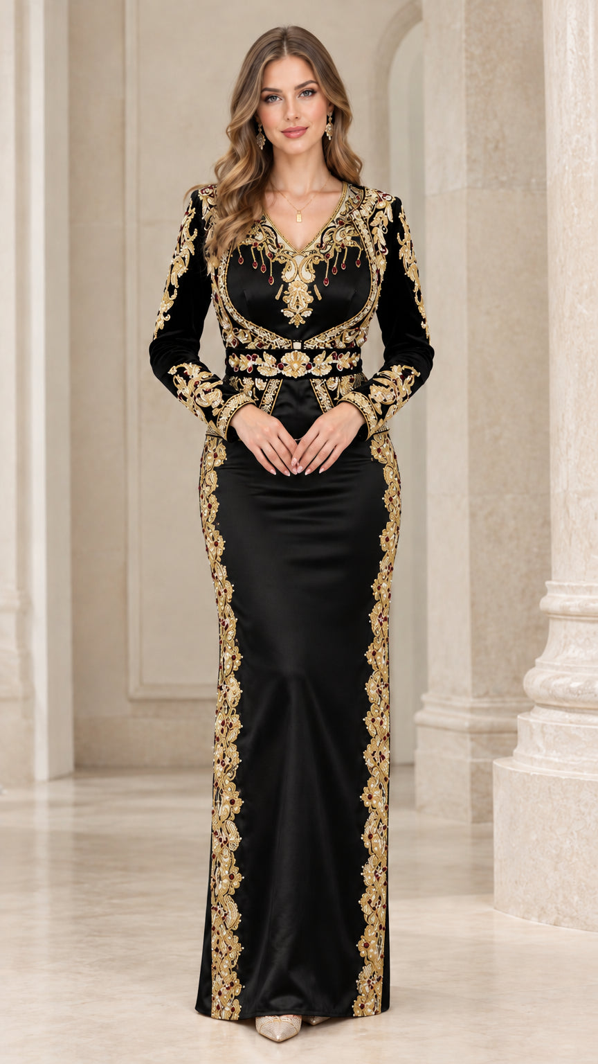 Front view of black long sleeve evening gown with intricate gold embroidery