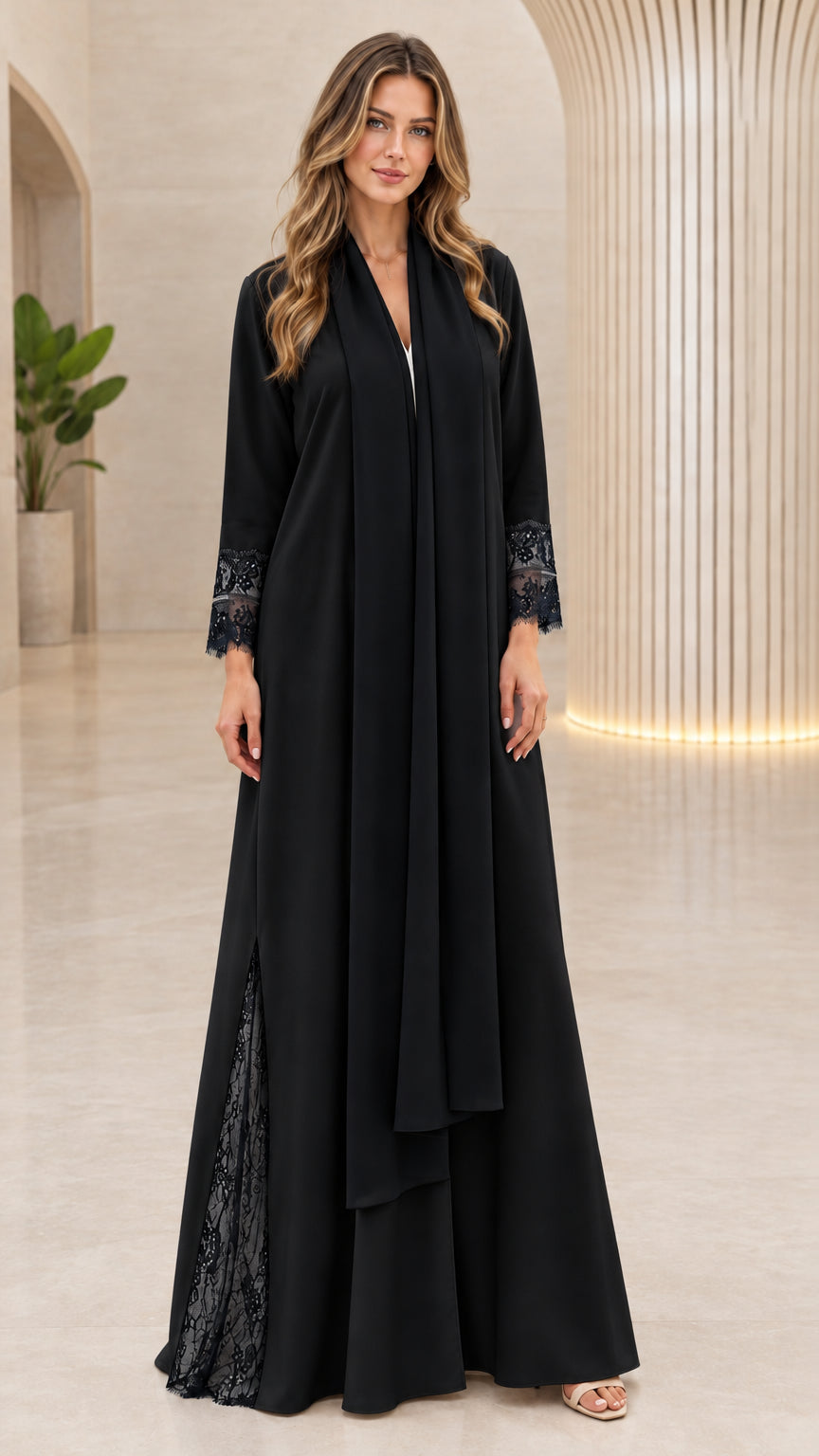 Front full-length view of black lace-trim long sleeve modest abaya dress