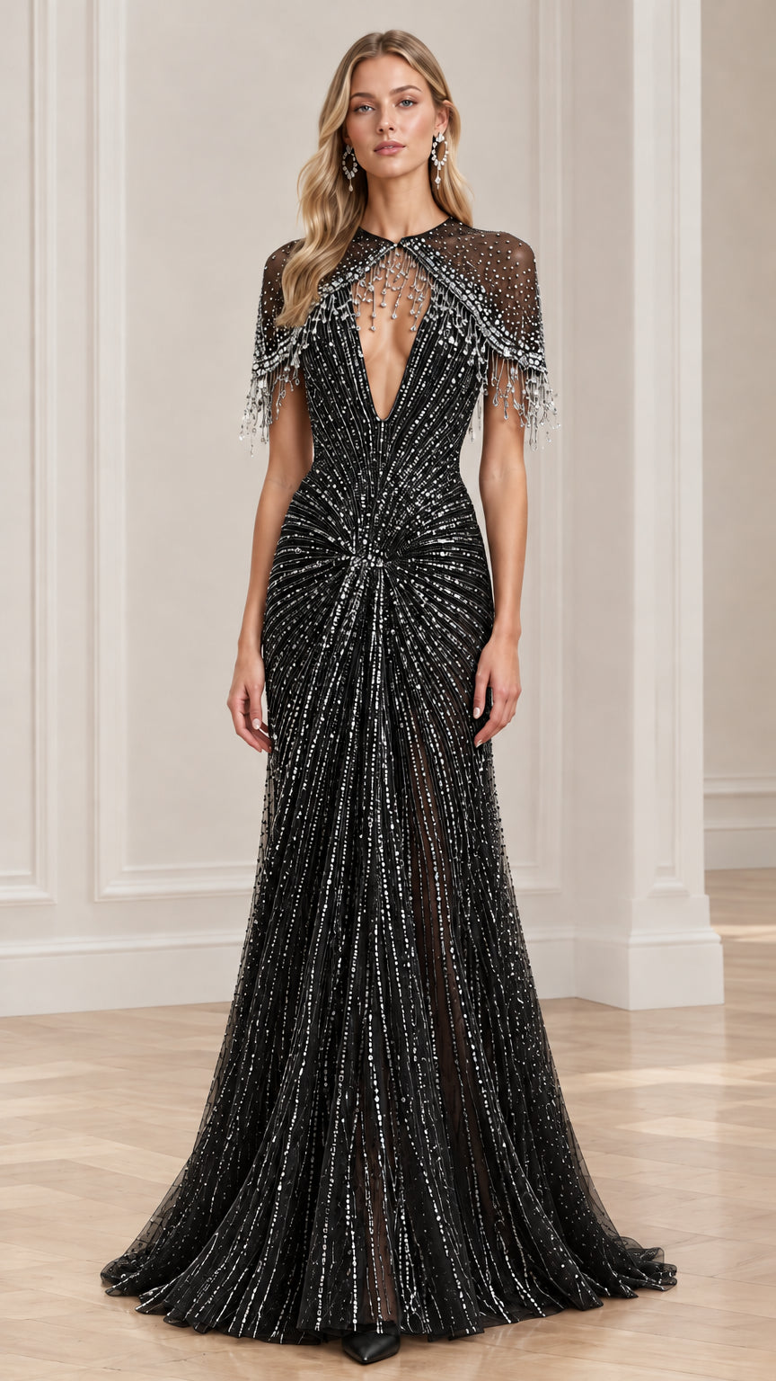 Front view of black beaded capelet evening gown with shimmering details
