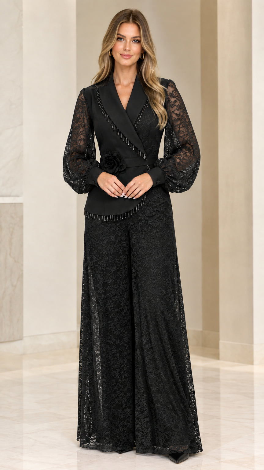 Black formal beaded wrap lace wide-leg jumpsuit on model