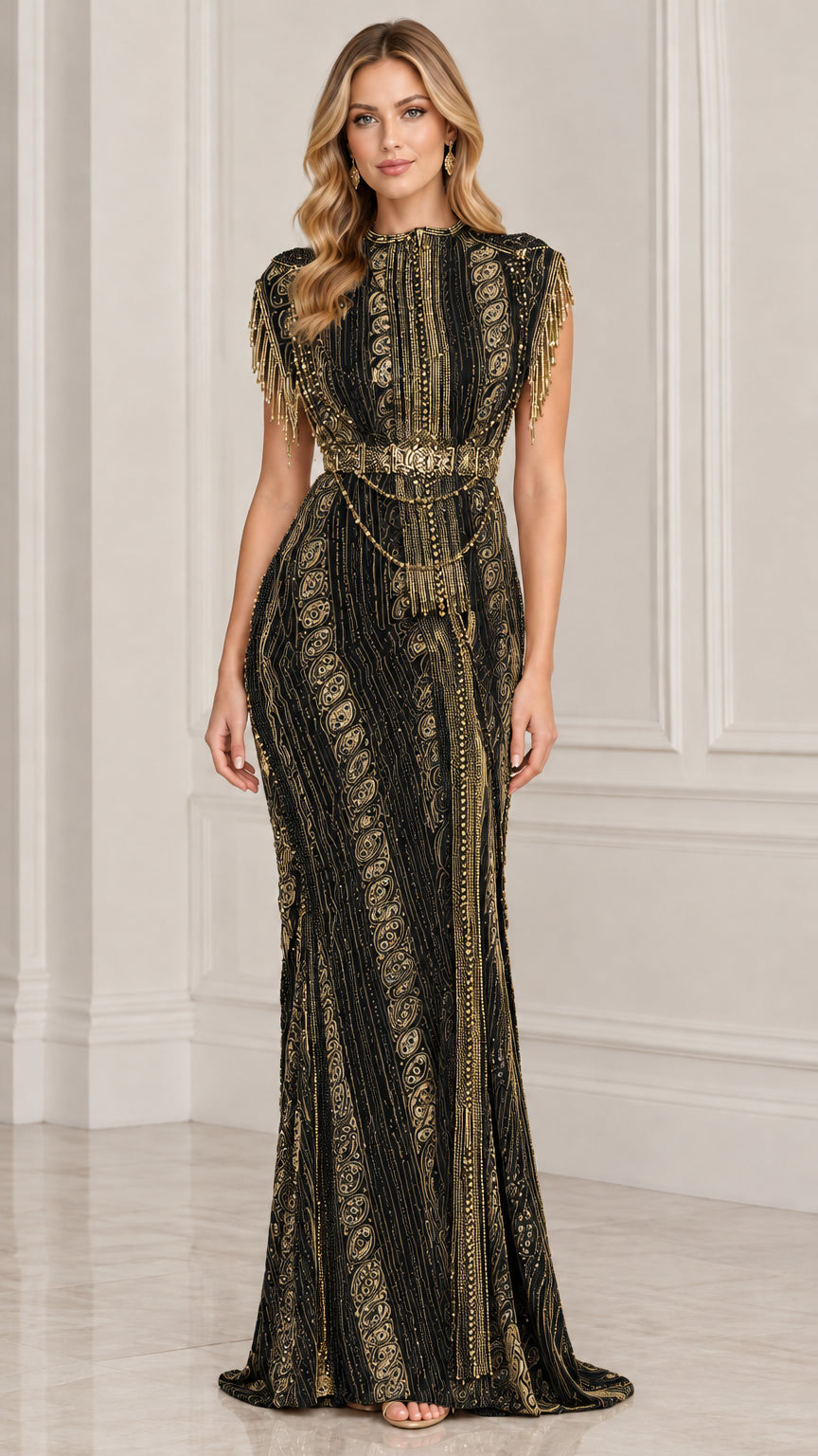 Front view of black and gold beaded high neck maxi evening dress