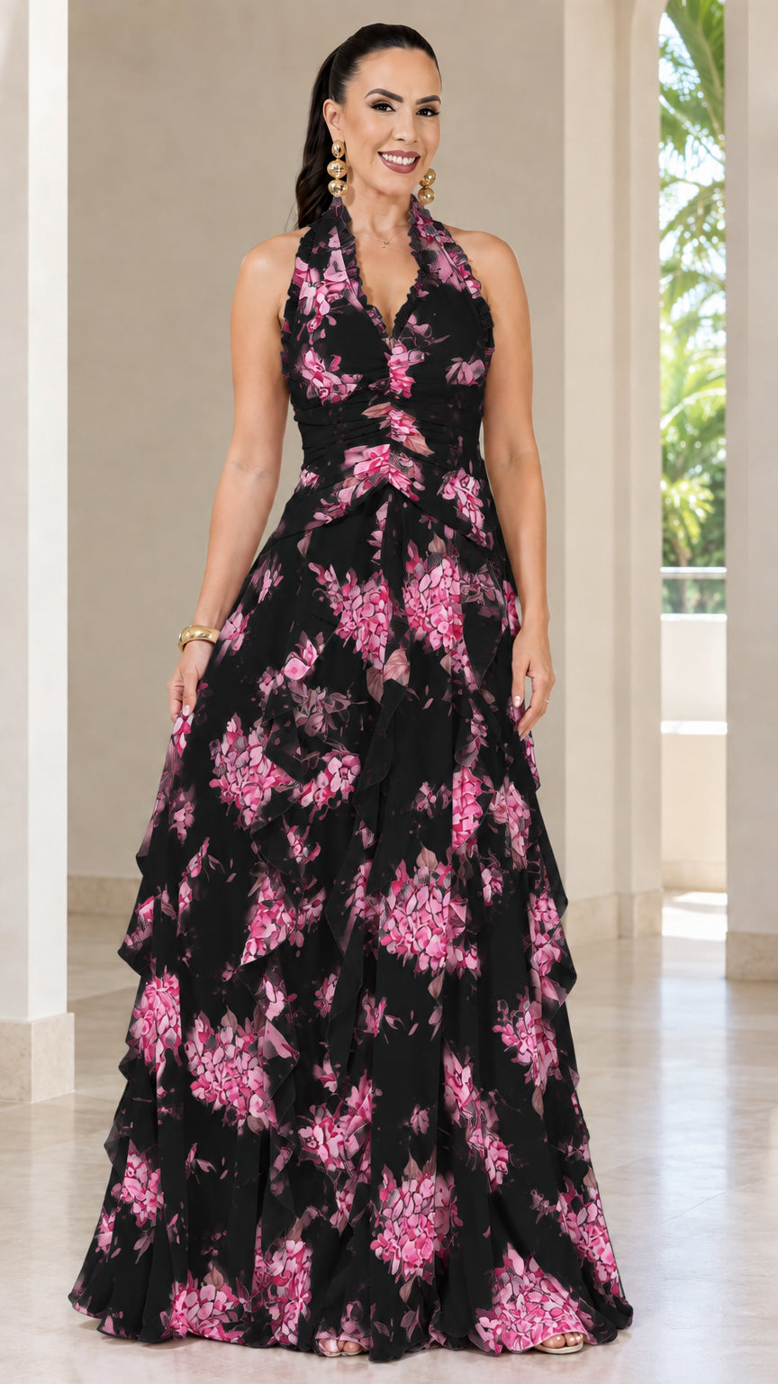 Full-length view of black floral halter neck tiered maxi dress