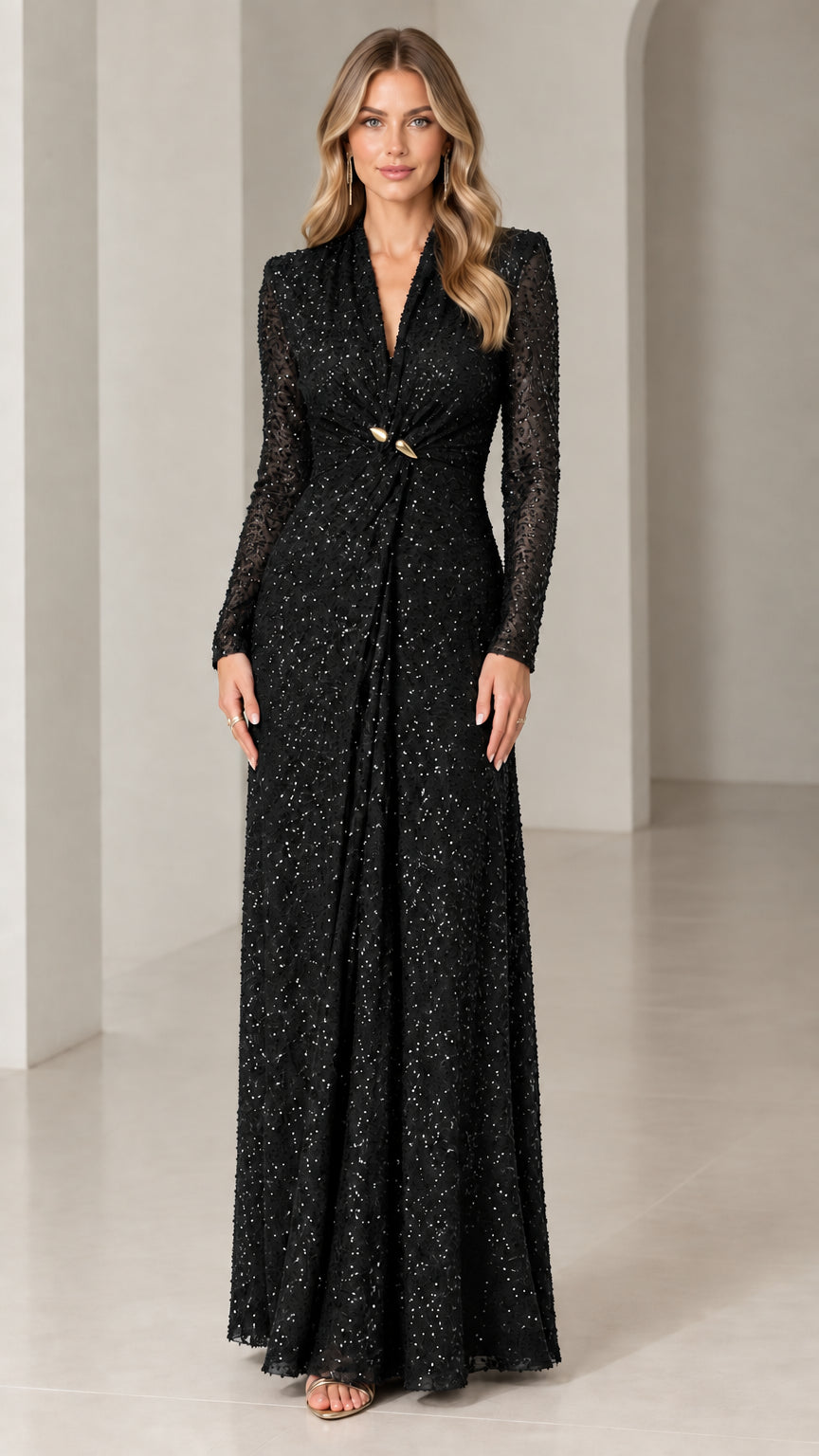 Front view of black long-sleeve sequin formal evening maxi dress