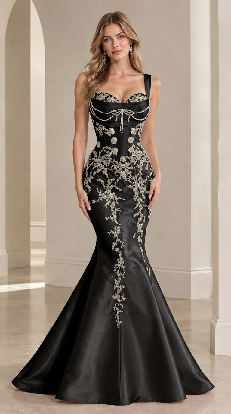 Front view of black beaded corset satin mermaid evening gown
