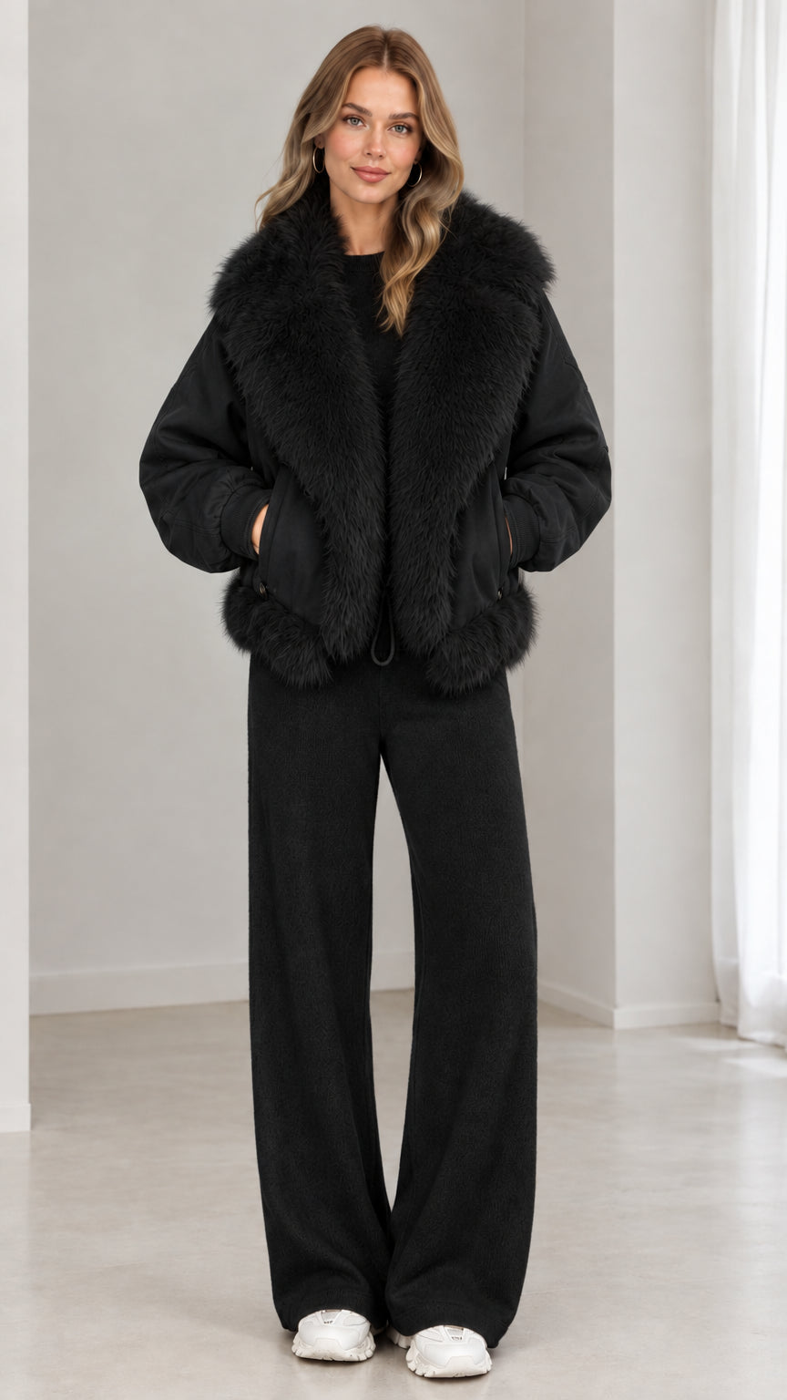 Full front view of model wearing black faux-fur collar zip-up jacket and matching black pants