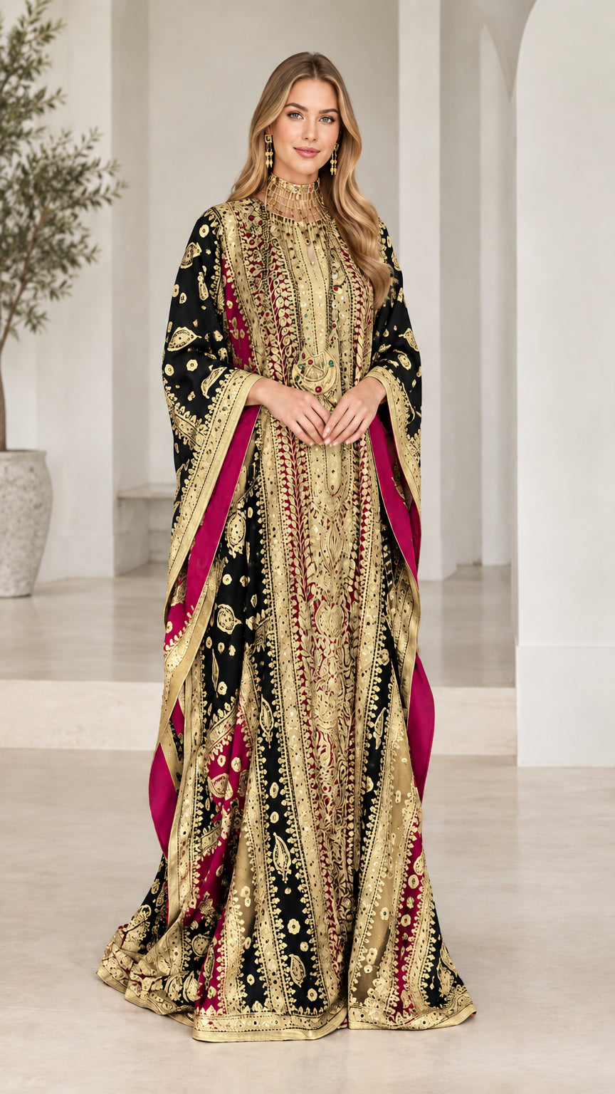 Classic black and gold embroidered formal kaftan maxi dress
