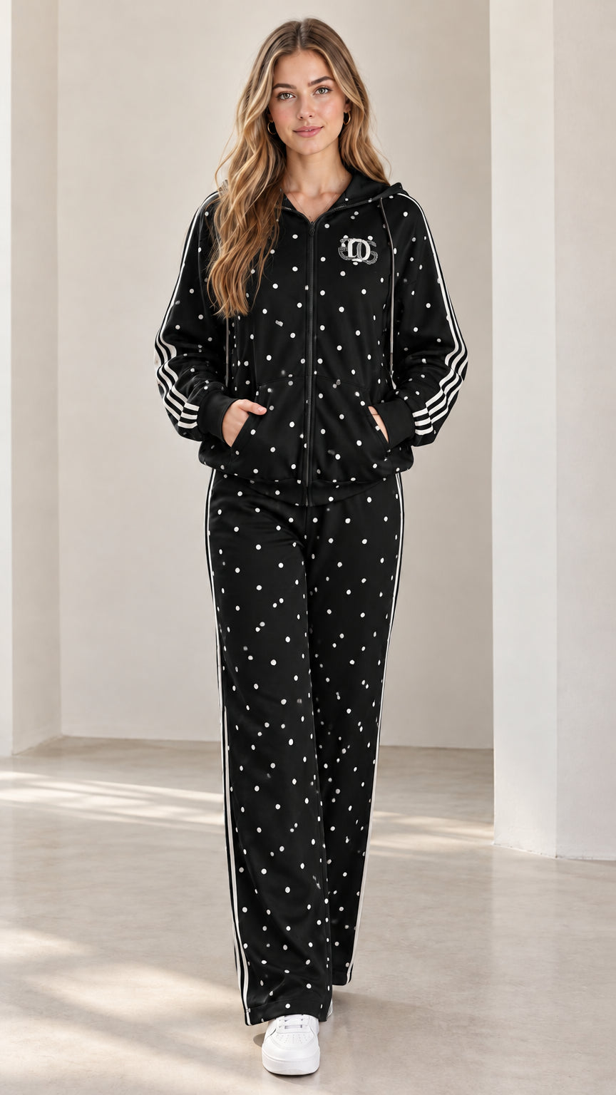 Model wearing black polka dot two-piece tracksuit set with white athletic side stripes