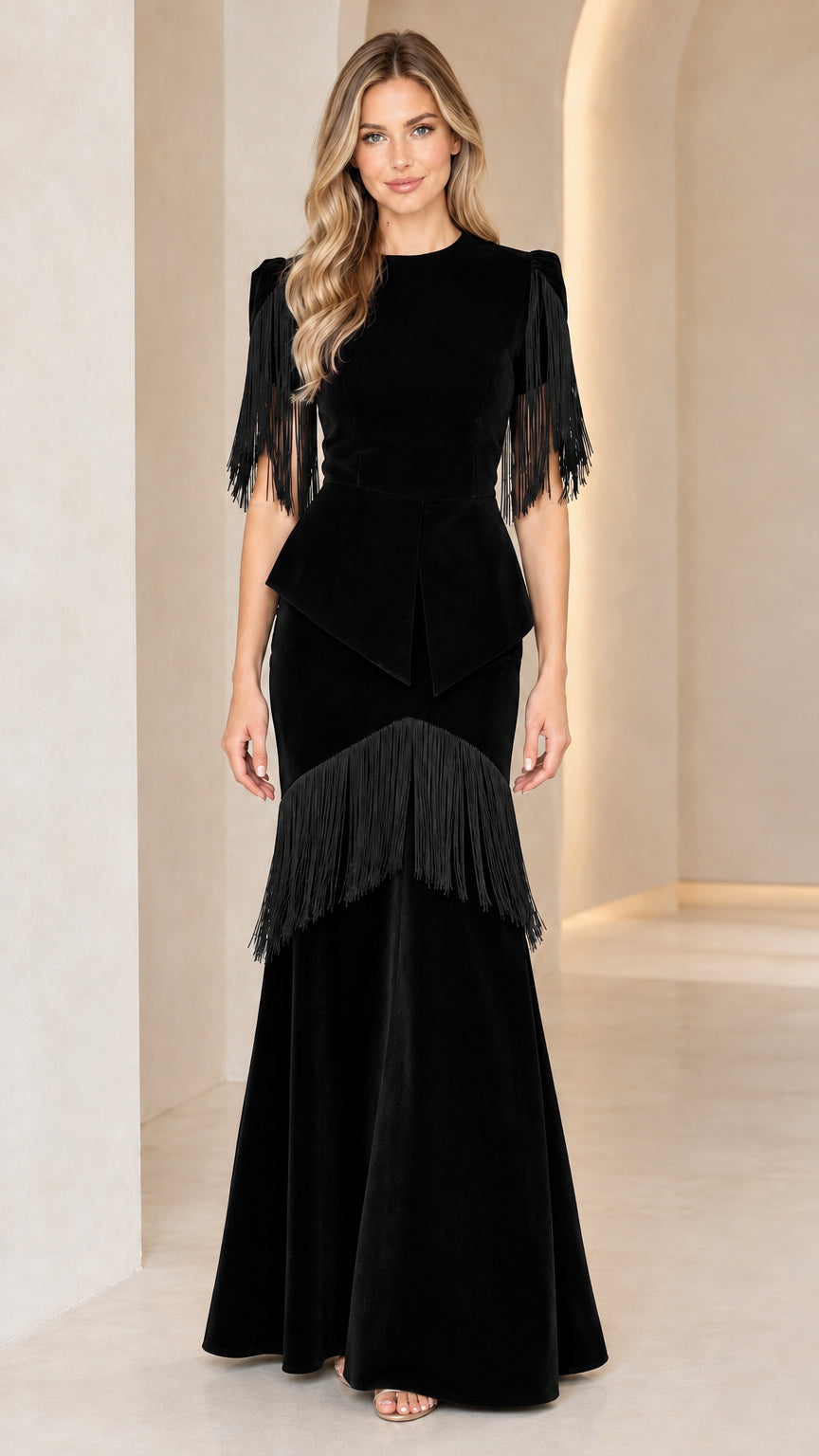 Black velvet fringe peplum evening maxi dress full-length view