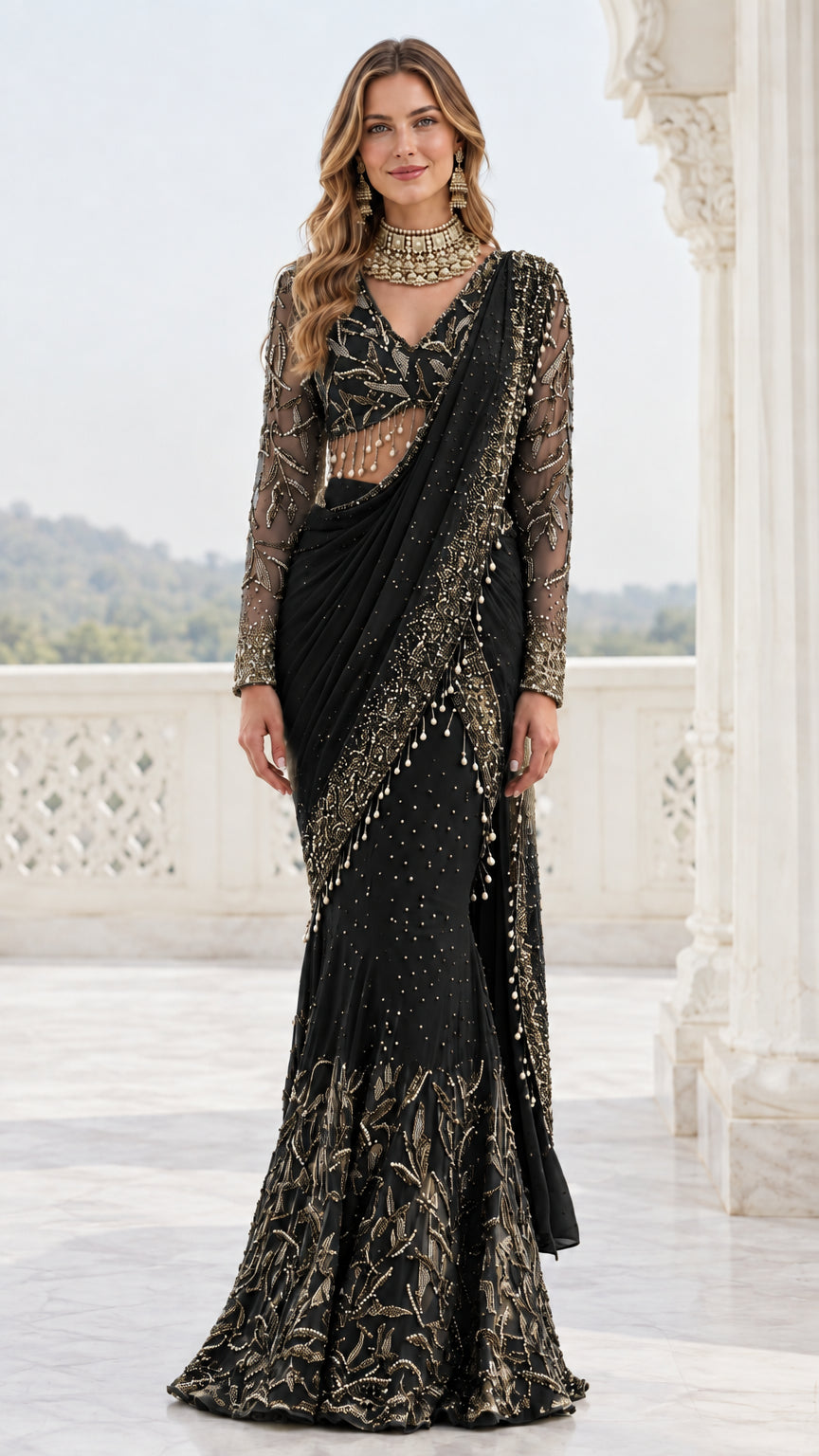 Front full-length view of black embroidered pre-draped saree gown with sheer long sleeves