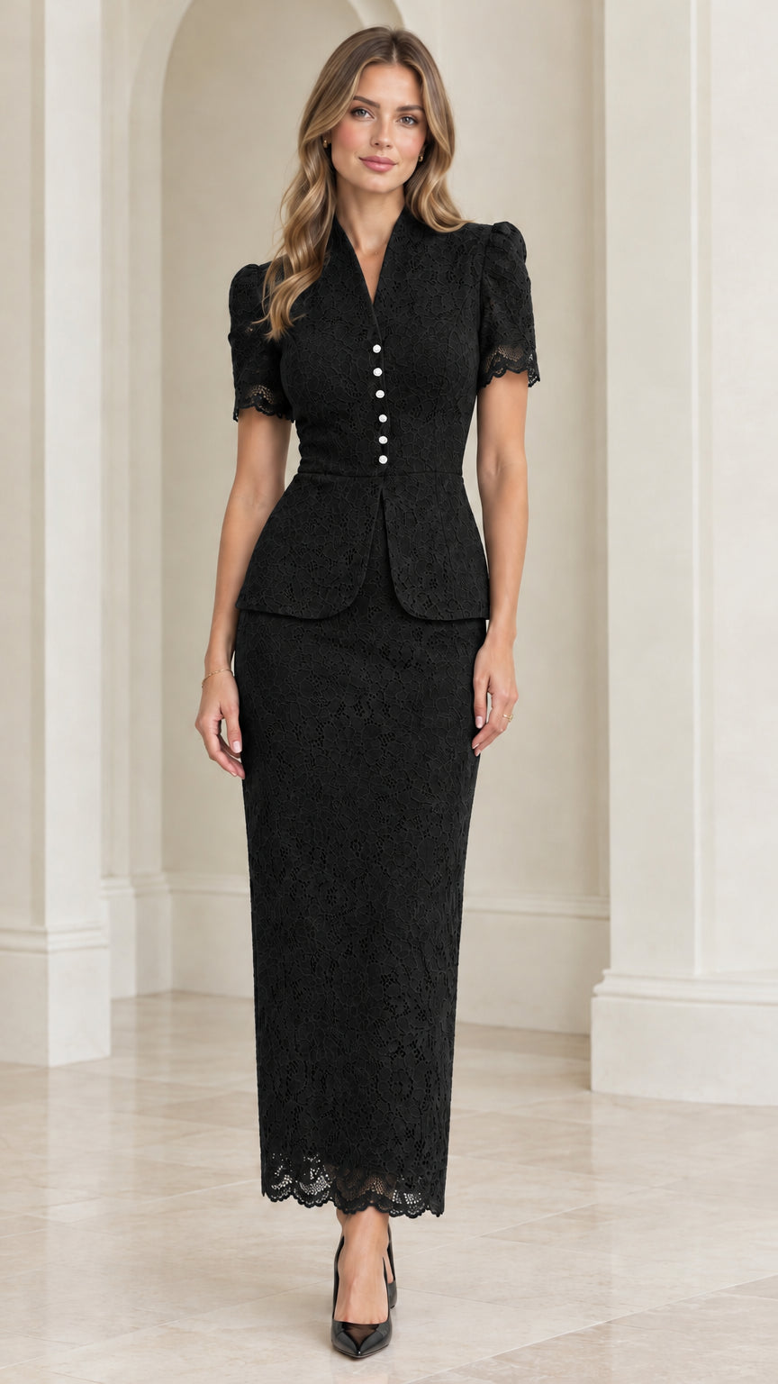 Front view of model wearing black floral lace peplum jacket and maxi skirt suit