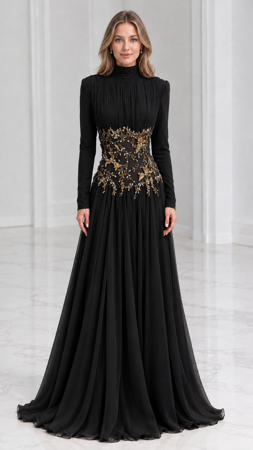Front view of model wearing Black high-neck embellished evening gown with gold accents