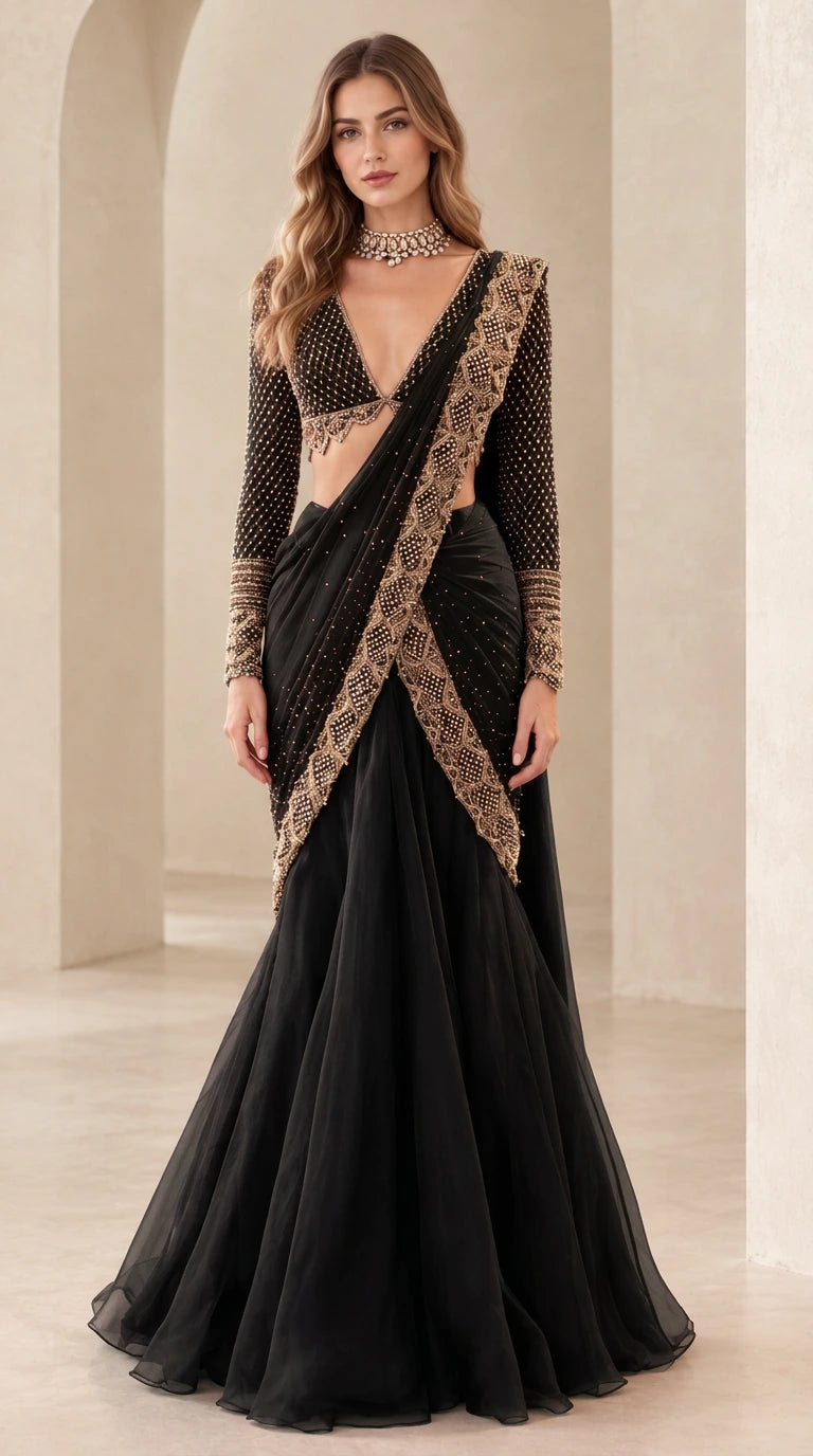 Classic black pre-draped lehenga saree with golden embroidered border and long-sleeve blouse