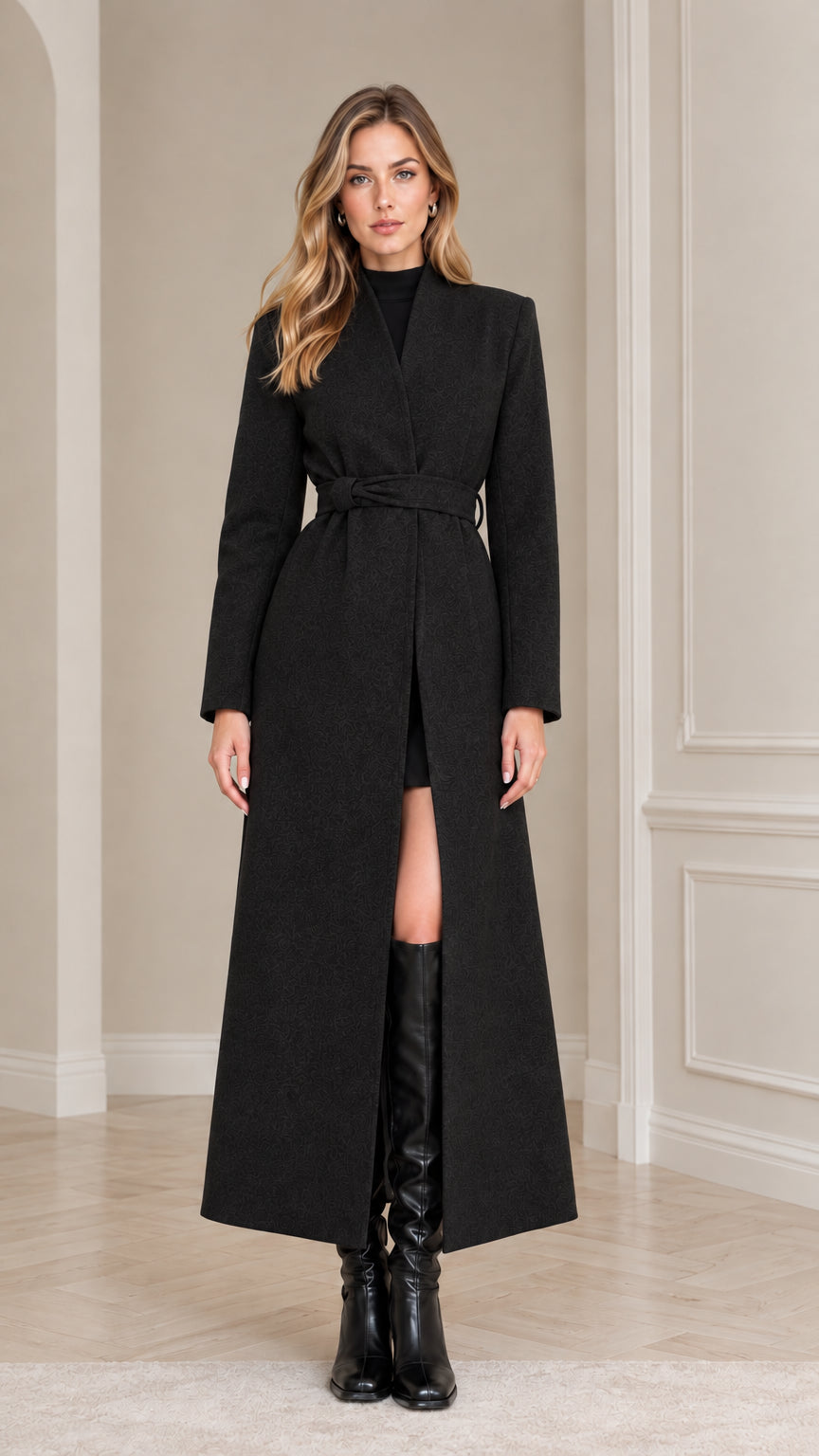Front view of model wearing the Black belted maxi overcoat