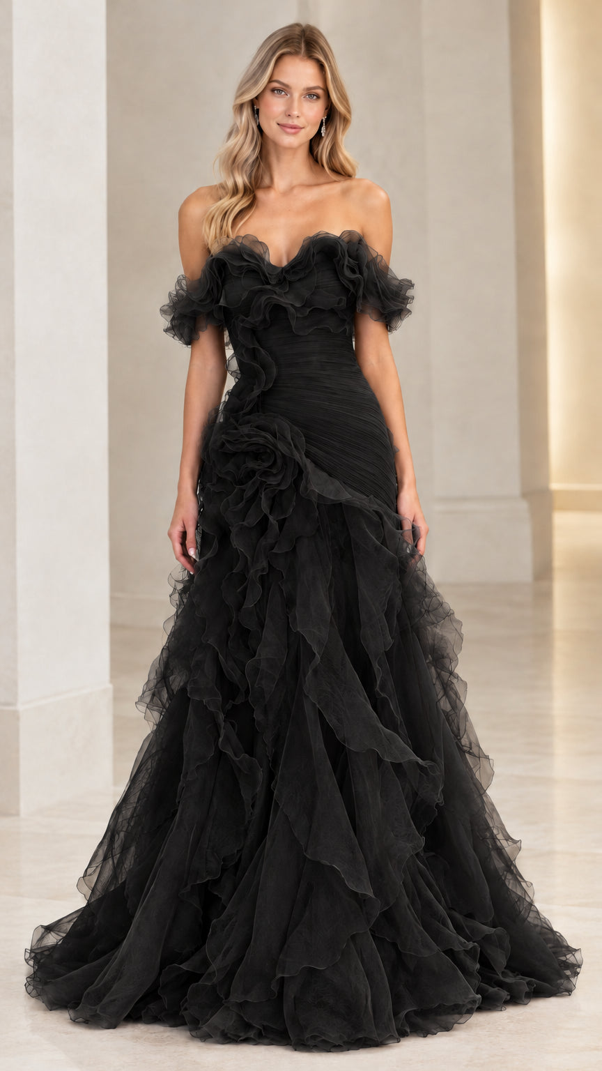 Model wearing black off-the-shoulder tiered ruffle formal evening gown