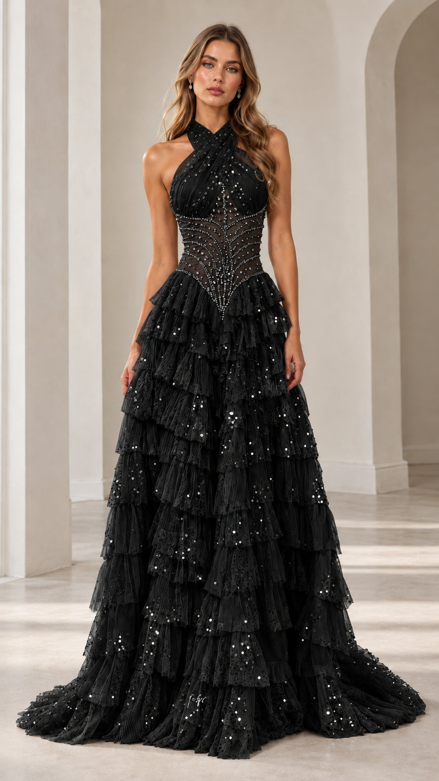 Model wearing Black halter-neck beaded tiered ruffle sequin evening gown
