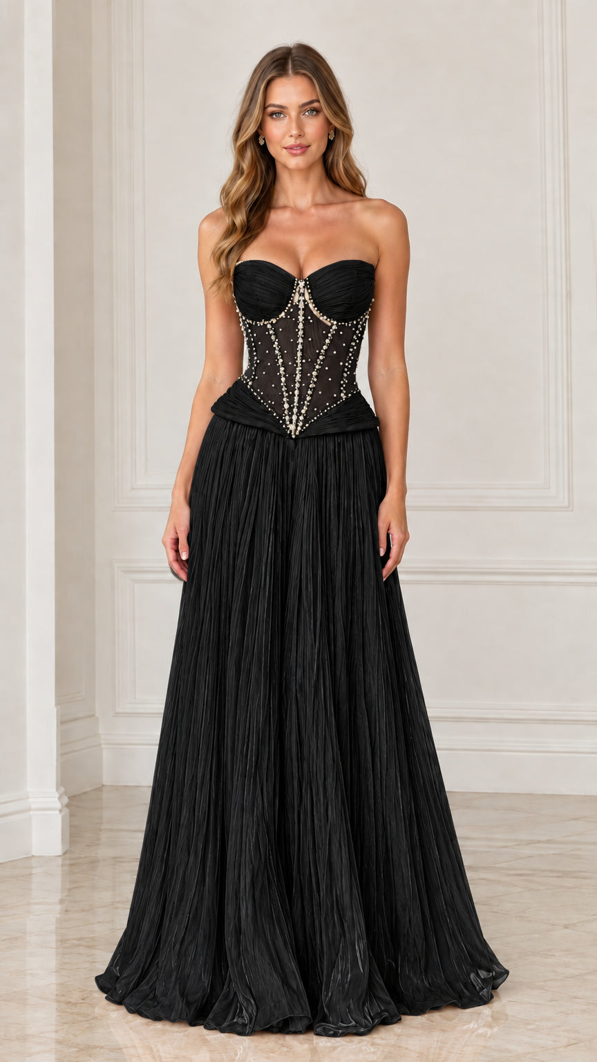 Front view of black strapless pearl-beaded corset pleated maxi dress